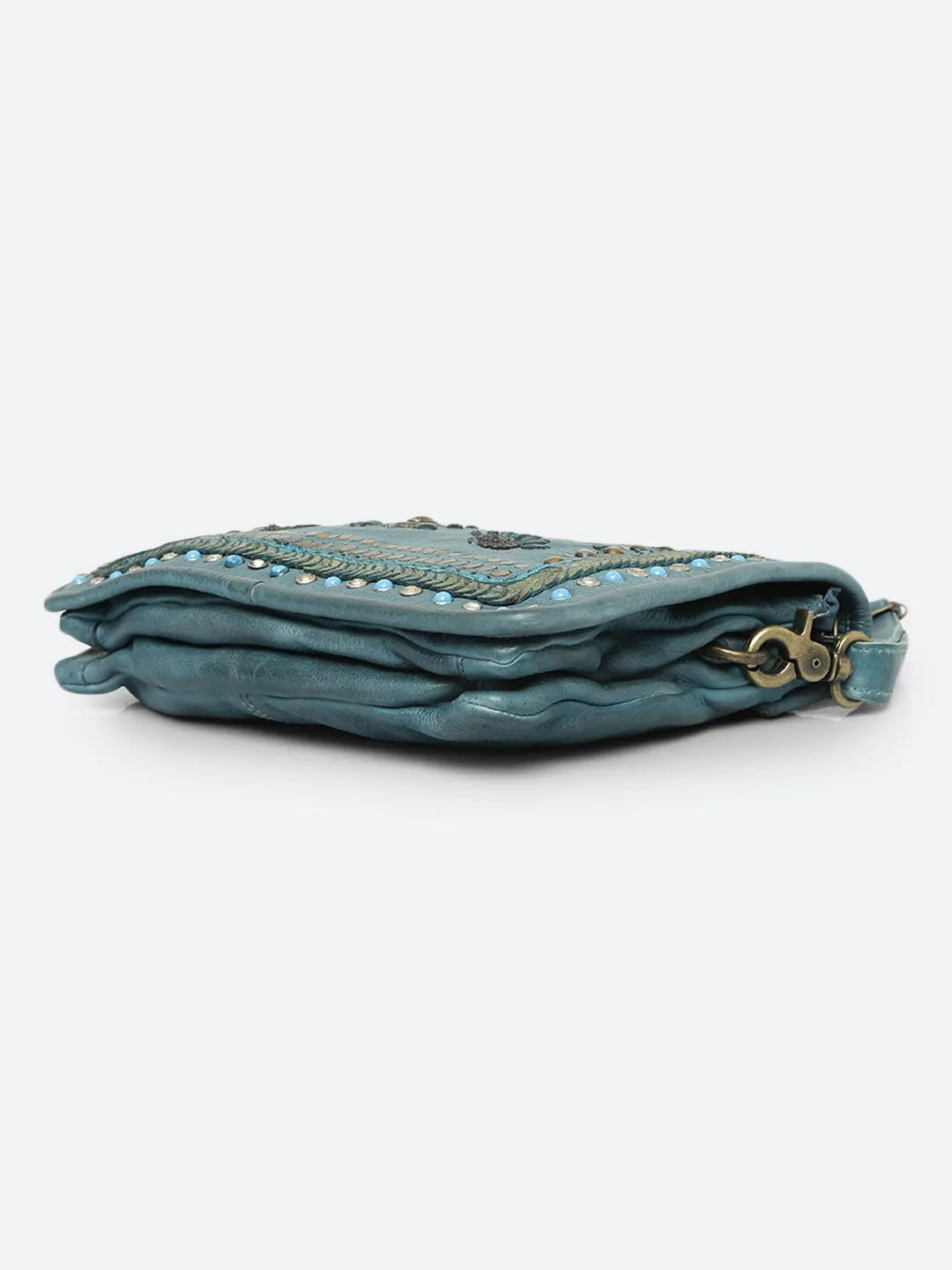 Savio: Embellished Blue Crossbody Flap Bag In Veg Tan Leather