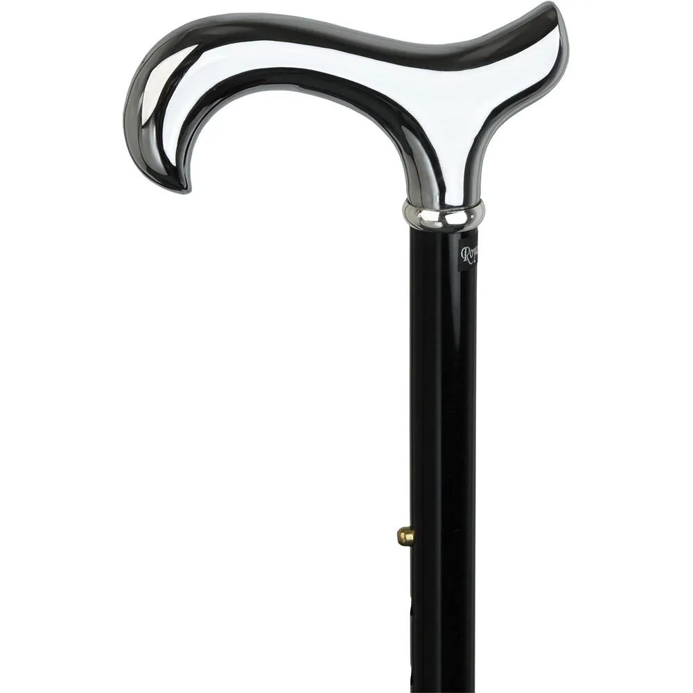 Scratch & Dent Chrome Plated Derby Walking Cane With Folding, Adjustable Black Aluminum Shaft V1795