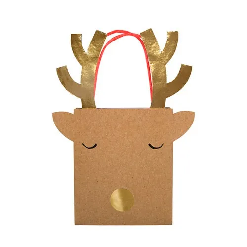 Set of 2 Reindeer Gift Bags with Handles, Meri Meri Reindeer Small Gift Bags with Gold Foil Details, Cute and Easy Way to Wrap Gifts!