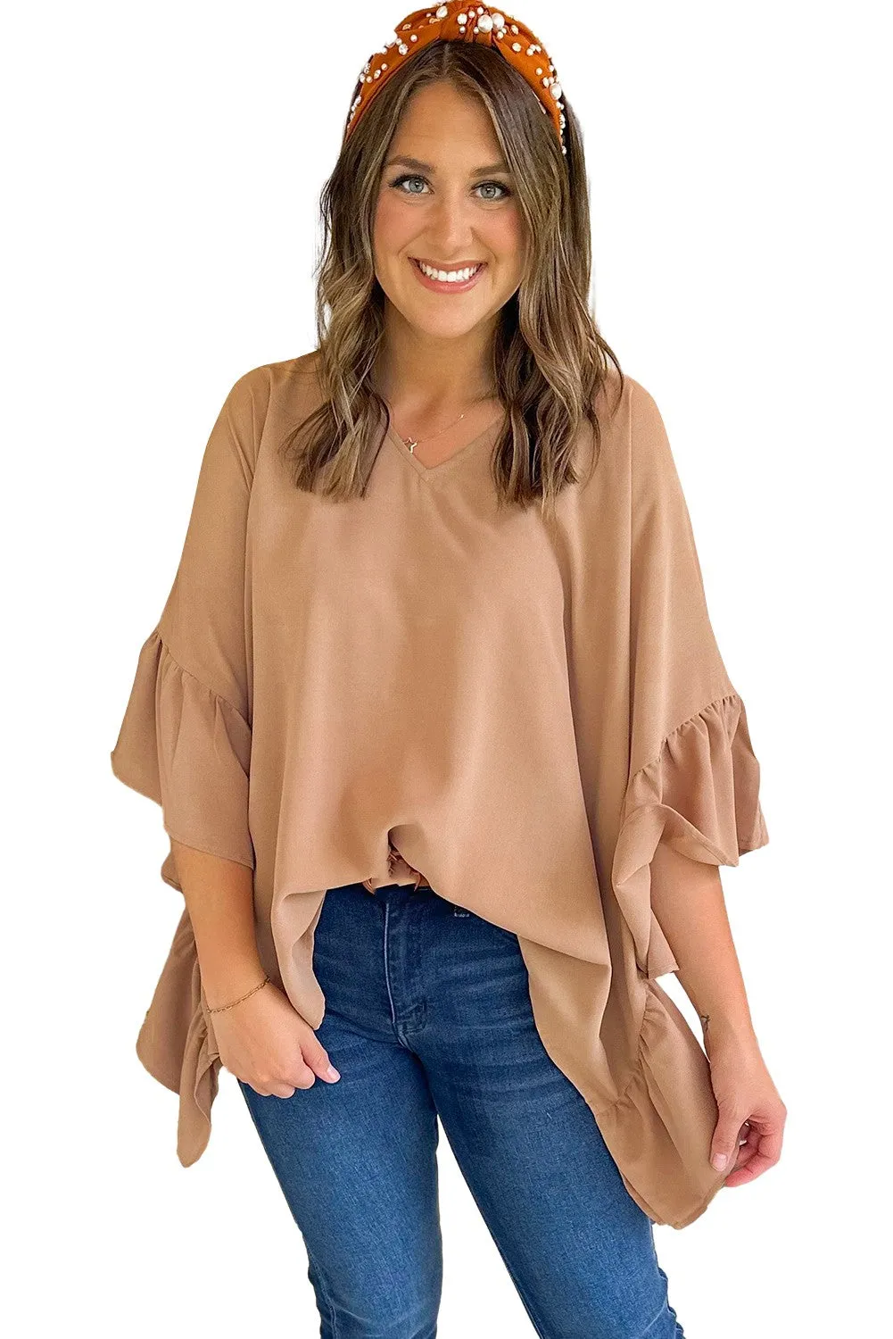 Smoke Gray Plus Size Ruffled Dolman Sleeve V Neck Blouse