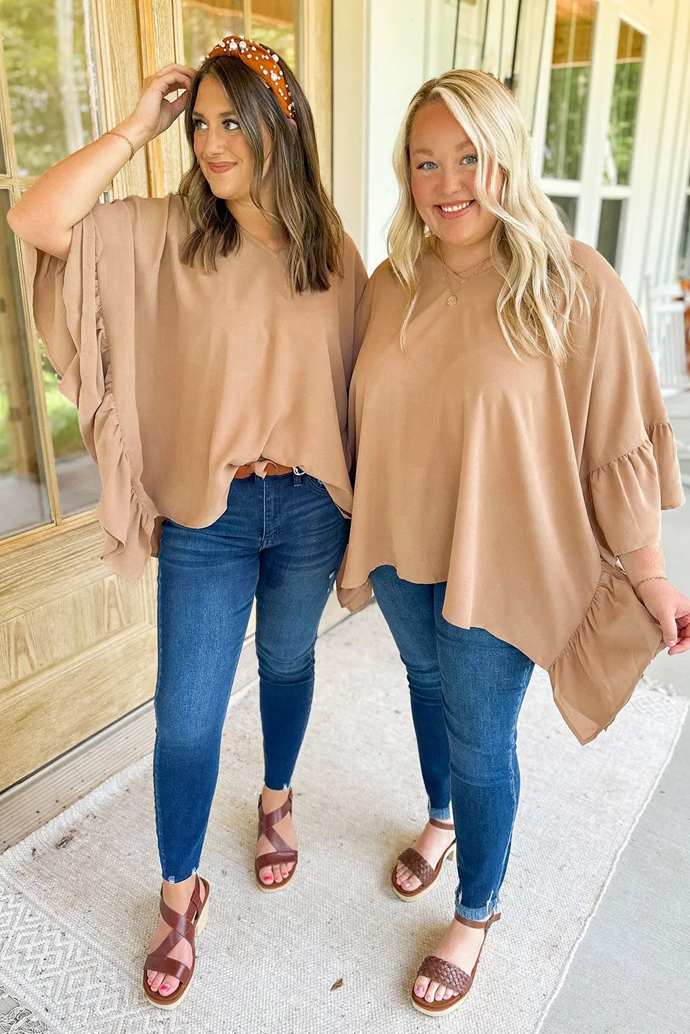 Smoke Gray Plus Size Ruffled Dolman Sleeve V Neck Blouse