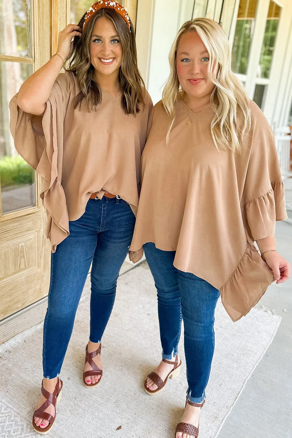 Smoke Gray Plus Size Ruffled Dolman Sleeve V Neck Blouse