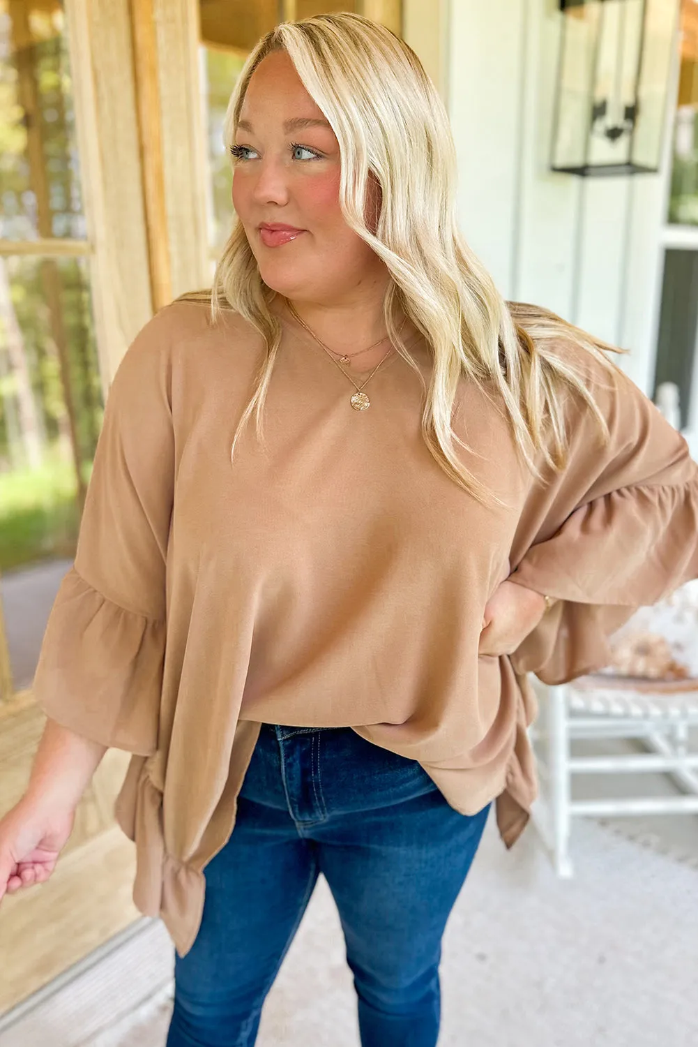 Smoke Gray Plus Size Ruffled Dolman Sleeve V Neck Blouse