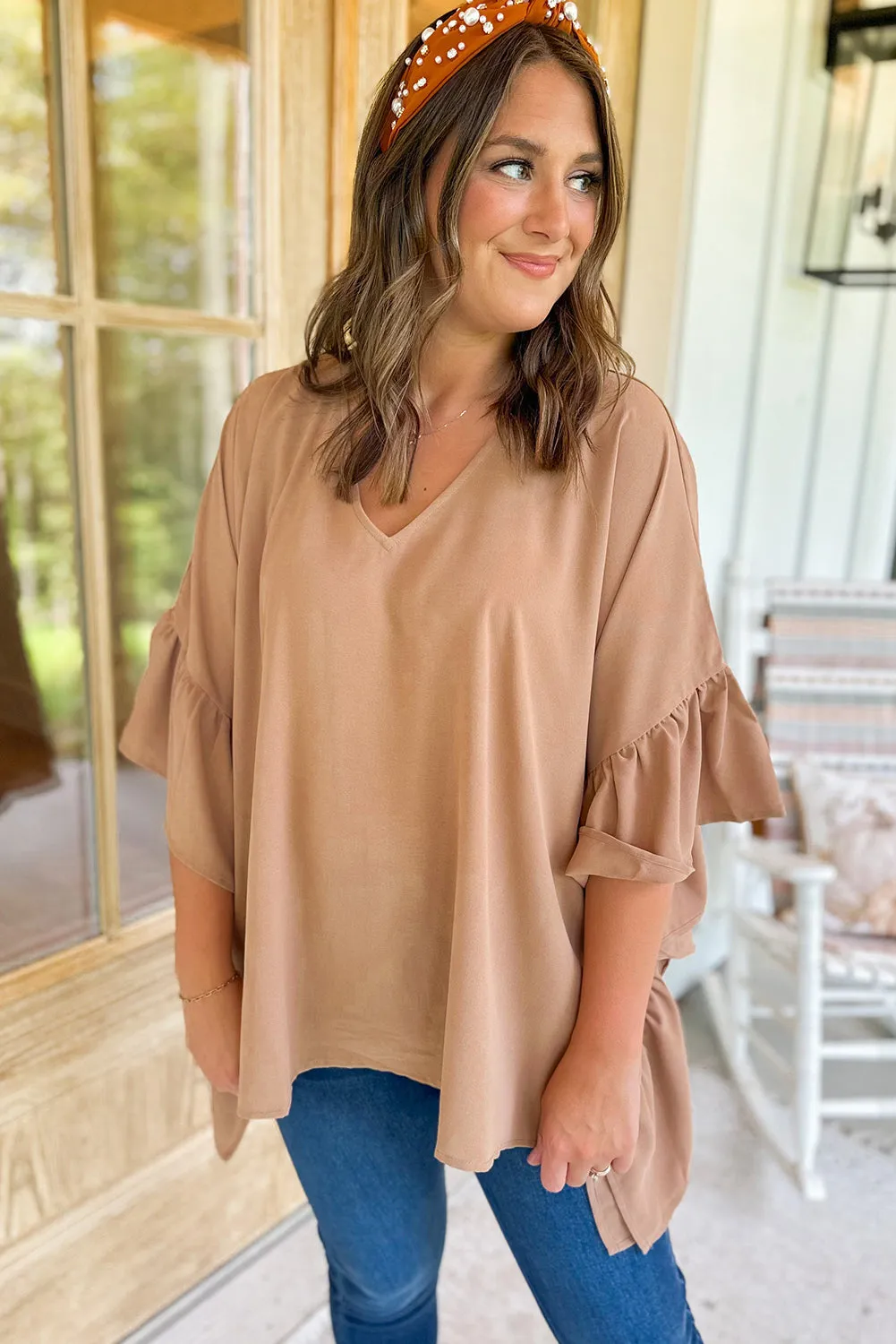 Smoke Gray Plus Size Ruffled Dolman Sleeve V Neck Blouse