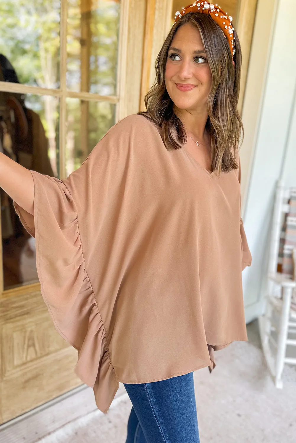 Smoke Gray Plus Size Ruffled Dolman Sleeve V Neck Blouse