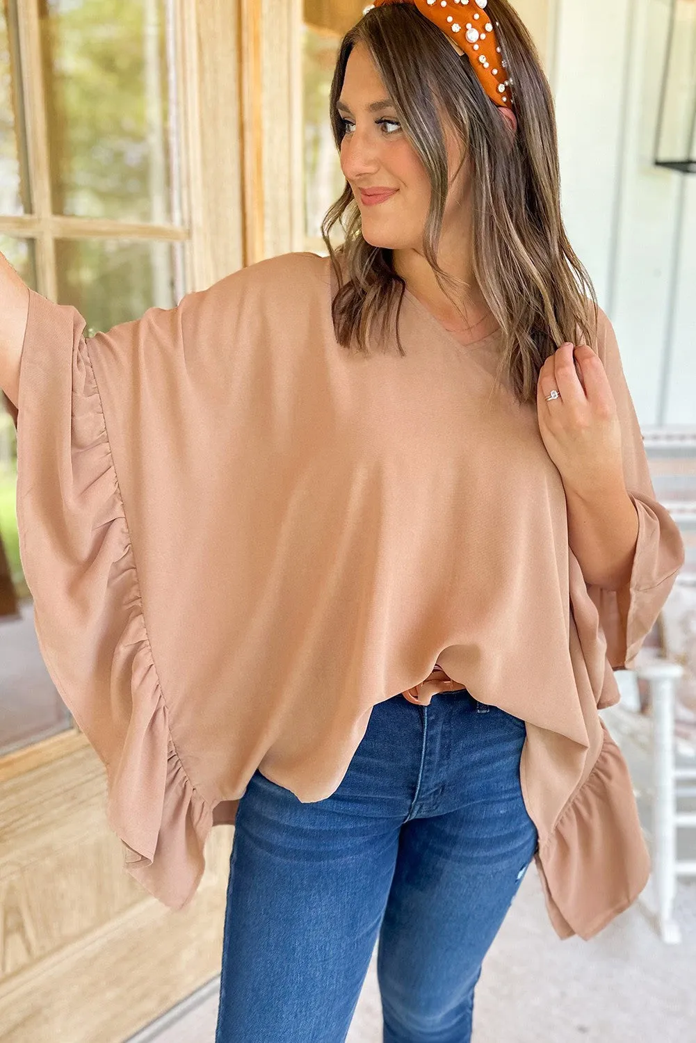 Smoke Gray Plus Size Ruffled Dolman Sleeve V Neck Blouse