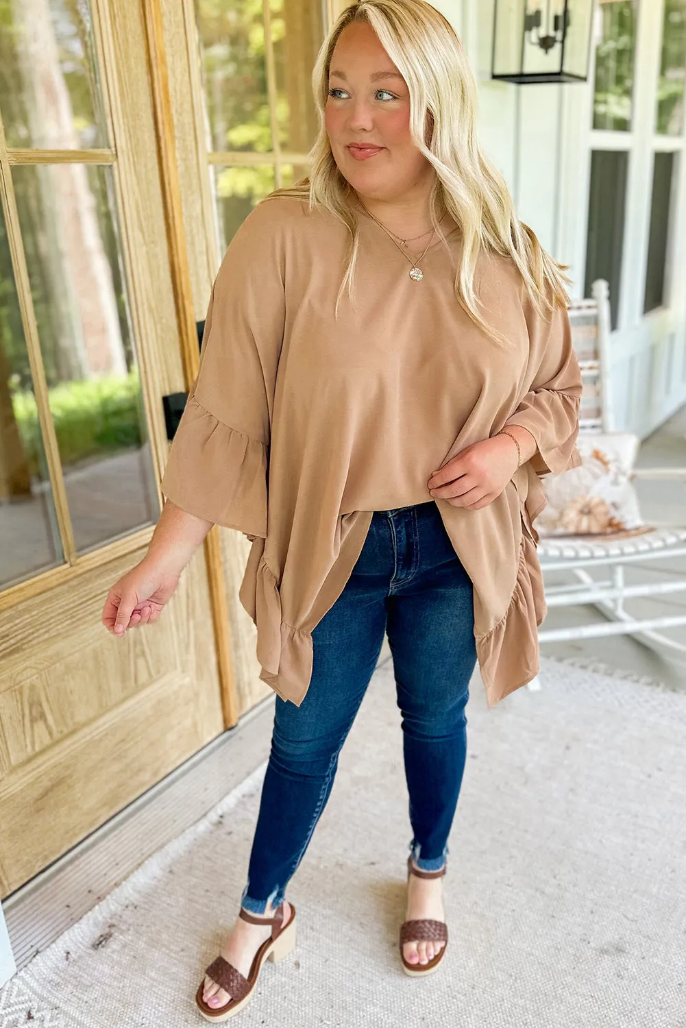 Smoke Gray Plus Size Ruffled Dolman Sleeve V Neck Blouse