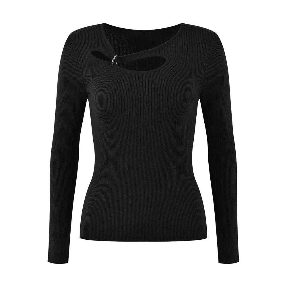 Solid Slimming Hollow Out Knitting Sweaters For Women Round Neck Long Sleeve Temperament Sweater Female Fashion