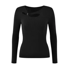 Solid Slimming Hollow Out Knitting Sweaters For Women Round Neck Long Sleeve Temperament Sweater Female Fashion