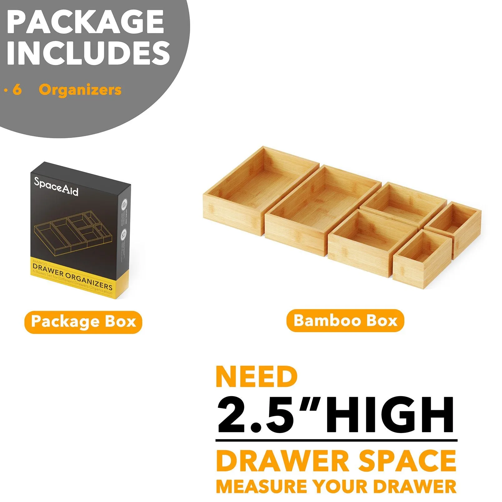 SpaceAid Bamboo Drawer Storage Box Set, 6 Boxes, Natural