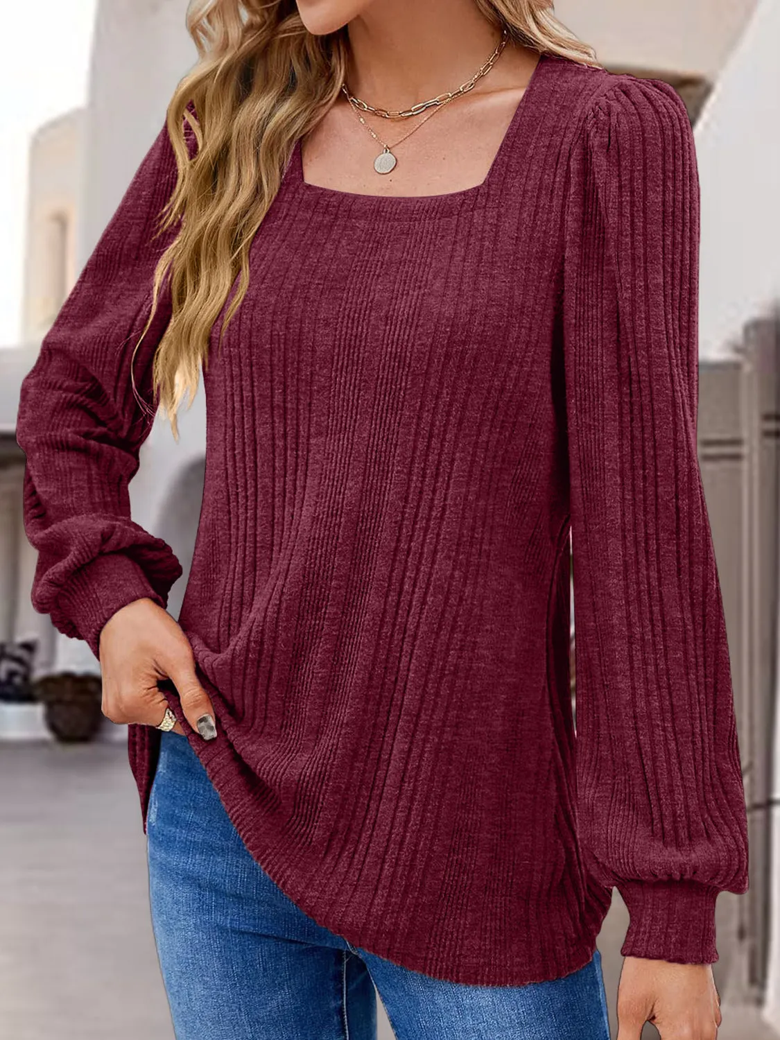 Square Neck Long Sleeve Top