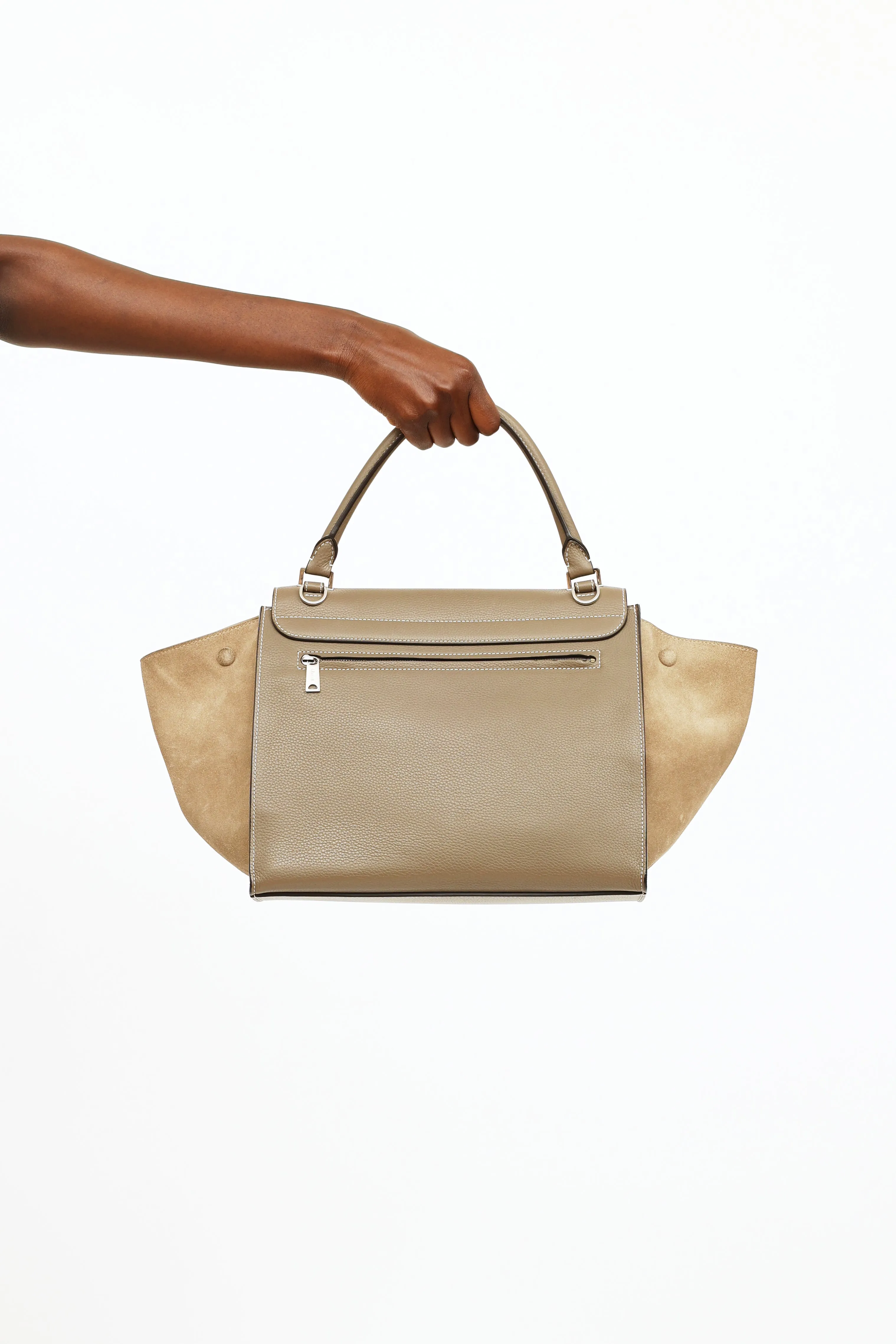 Taupe Leather & Suede Medium Trapeze Bag