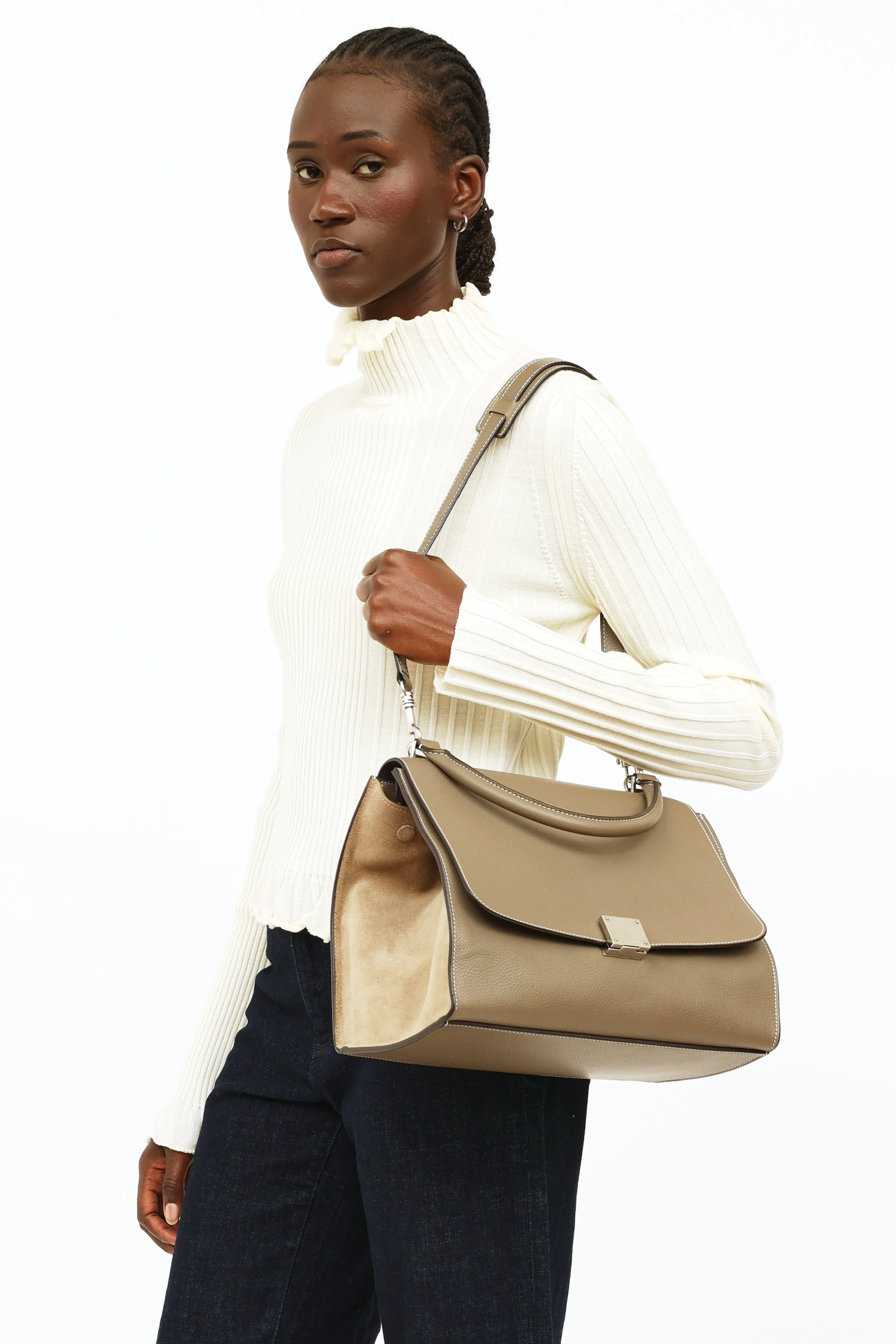 Taupe Leather & Suede Medium Trapeze Bag