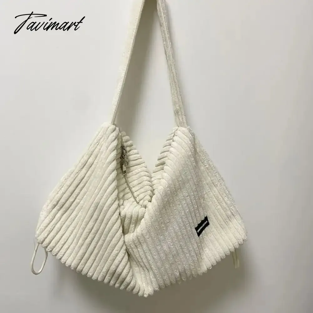 Tavimart Large Women Reusable Corduroy Shoulder Handbags Drawcord Shopping Bags Underarm Tote Bag With Zipper