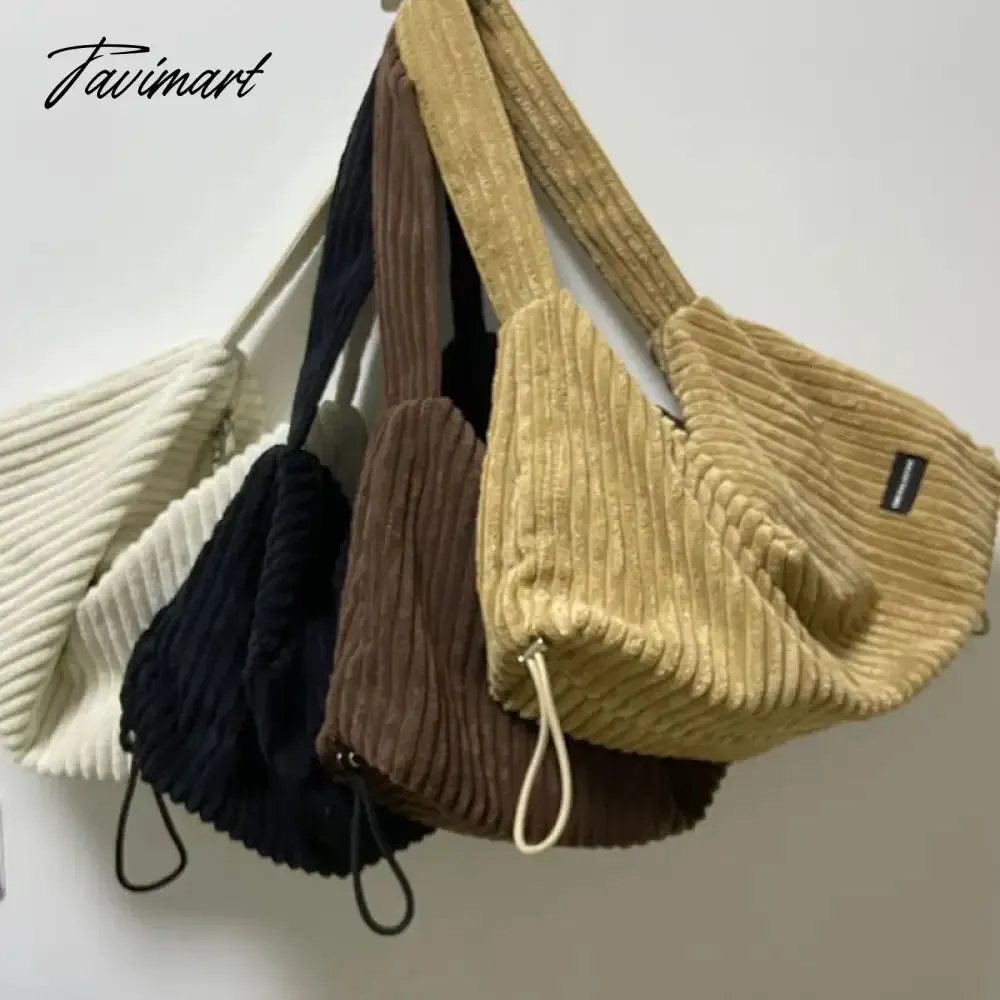 Tavimart Large Women Reusable Corduroy Shoulder Handbags Drawcord Shopping Bags Underarm Tote Bag With Zipper