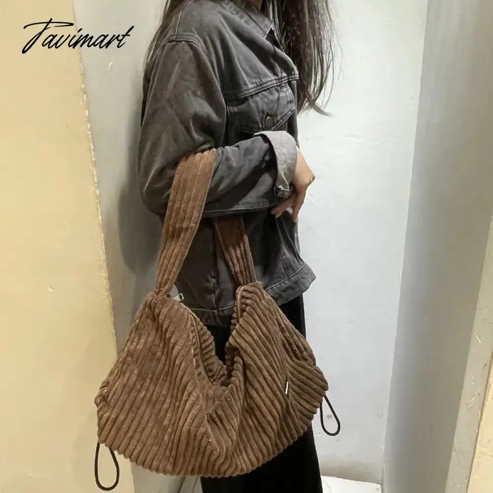 Tavimart Large Women Reusable Corduroy Shoulder Handbags Drawcord Shopping Bags Underarm Tote Bag With Zipper