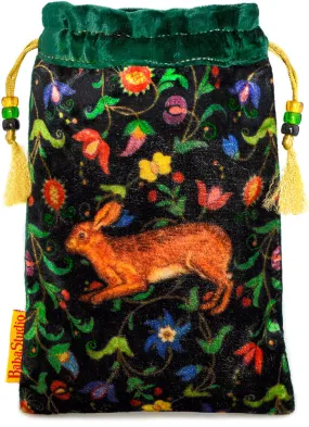 The Little Brown Hare bag. Printed on silk velvet. Green velvet version.