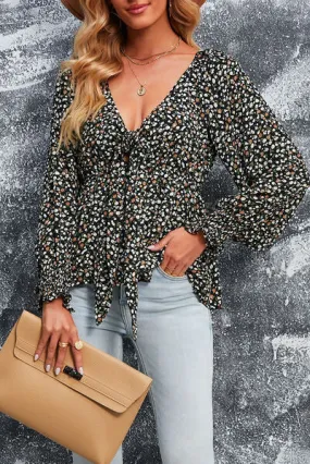 Tied Ditsy Floral Long Sleeve Blouse