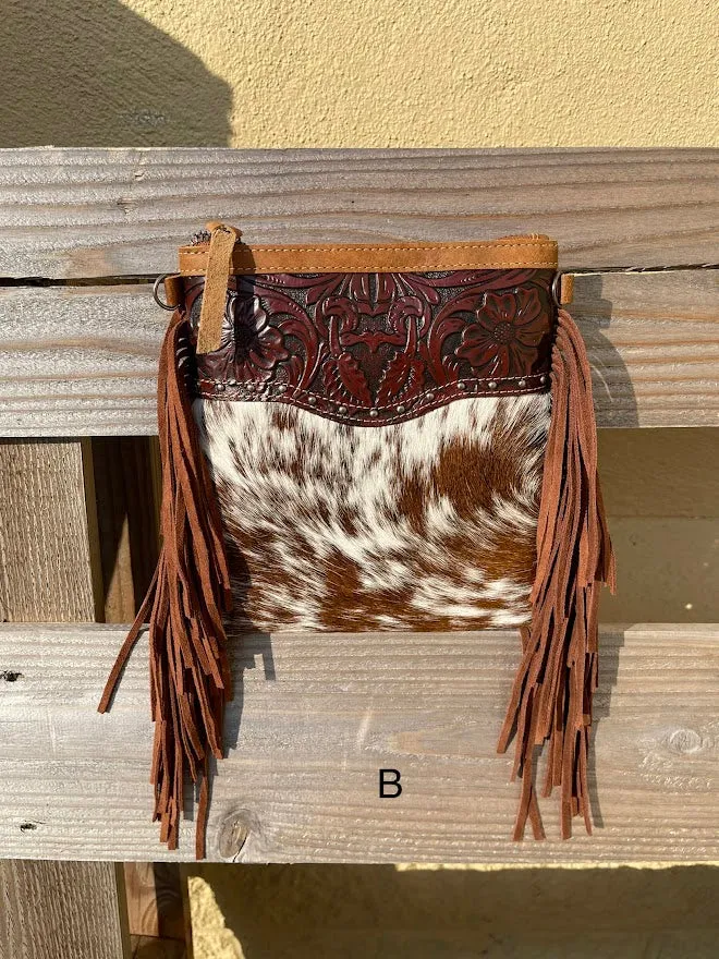 Top Notch Accessories 3016BR Betty Cowhide Crossbody Fringe Purse In Brown