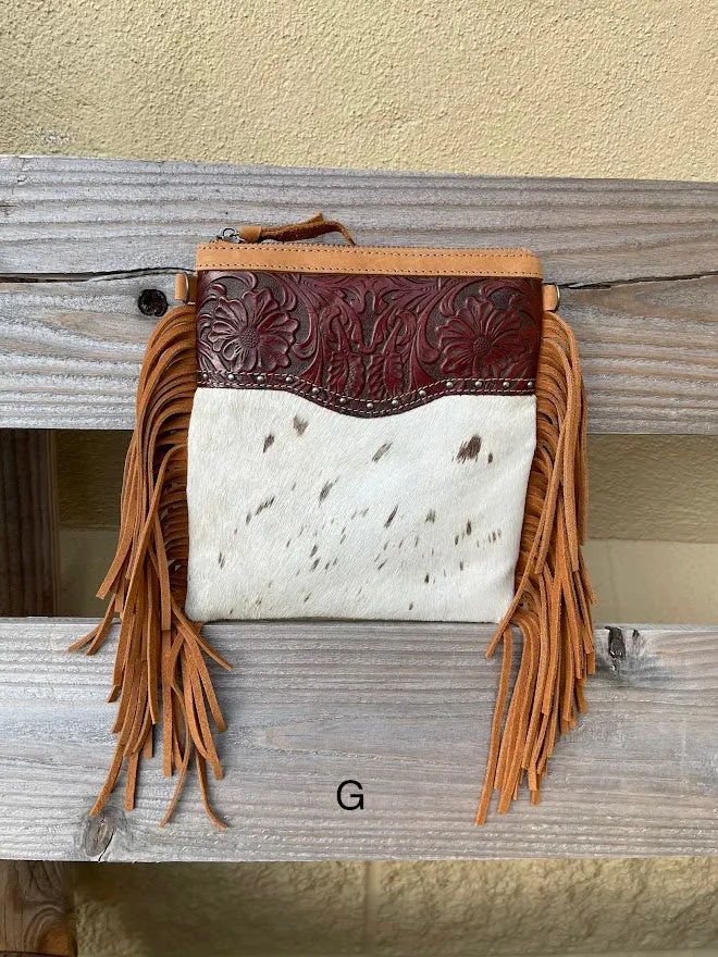 Top Notch Accessories 3016BR Betty Cowhide Crossbody Fringe Purse In Brown