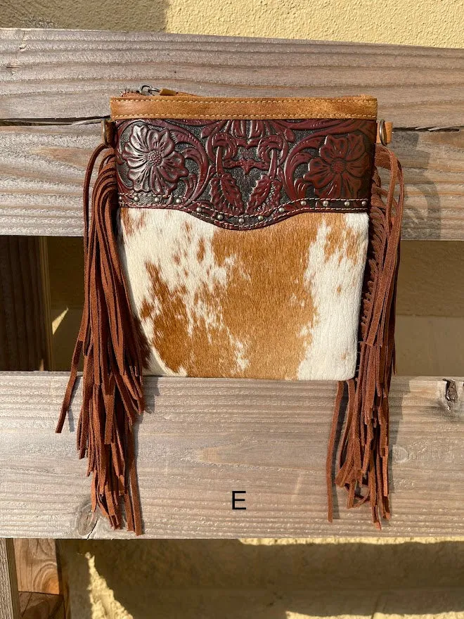 Top Notch Accessories 3016BR Betty Cowhide Crossbody Fringe Purse In Brown