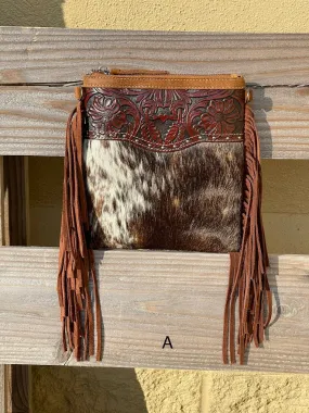 Top Notch Accessories 3016BR Betty Cowhide Crossbody Fringe Purse In Brown