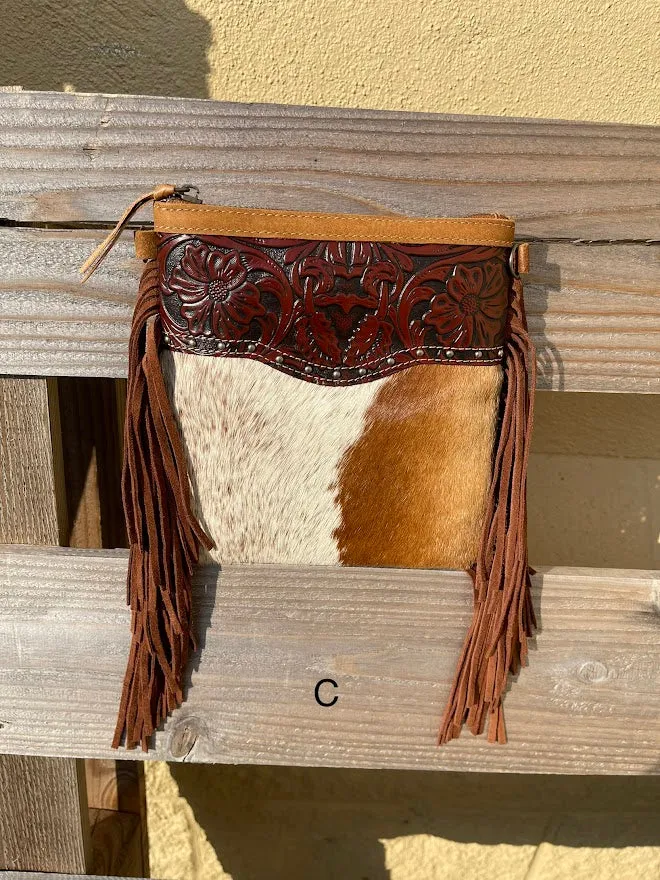 Top Notch Accessories 3016BR Betty Cowhide Crossbody Fringe Purse In Brown