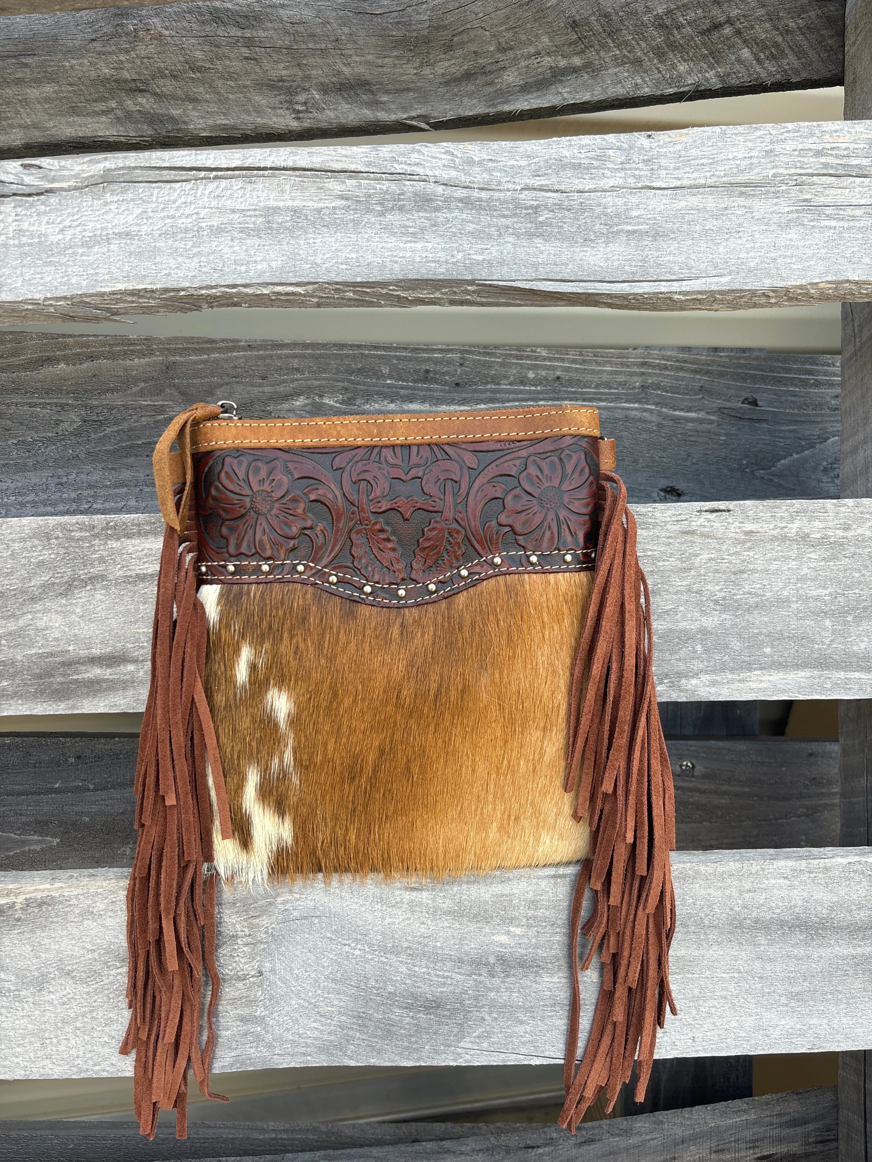 Top Notch Accessories 3016BR Betty Cowhide Crossbody Fringe Purse In Brown