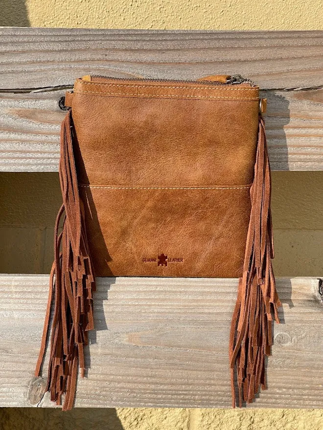 Top Notch Accessories 3016BR Betty Cowhide Crossbody Fringe Purse In Brown