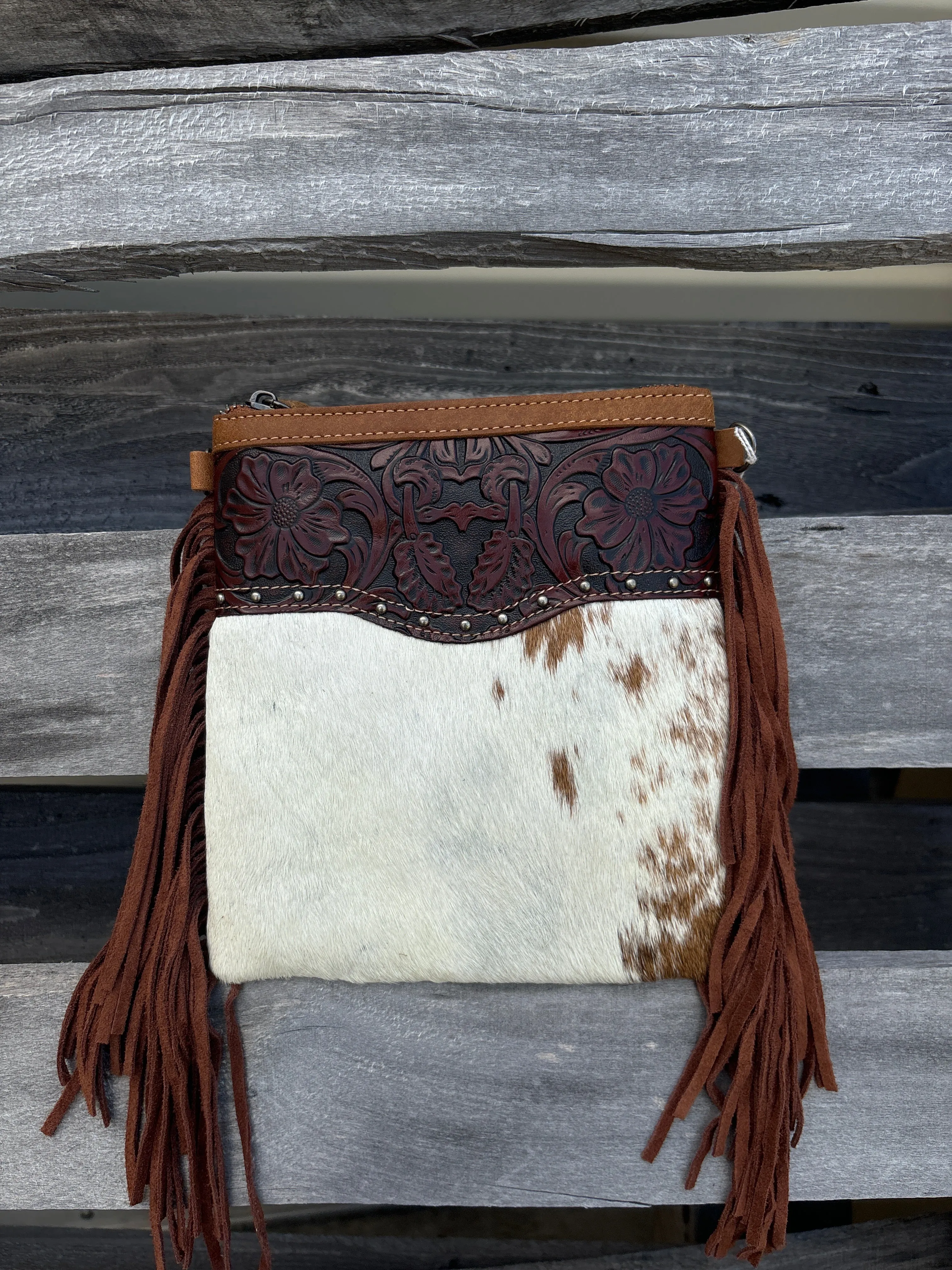 Top Notch Accessories 3016BR Betty Cowhide Crossbody Fringe Purse In Brown