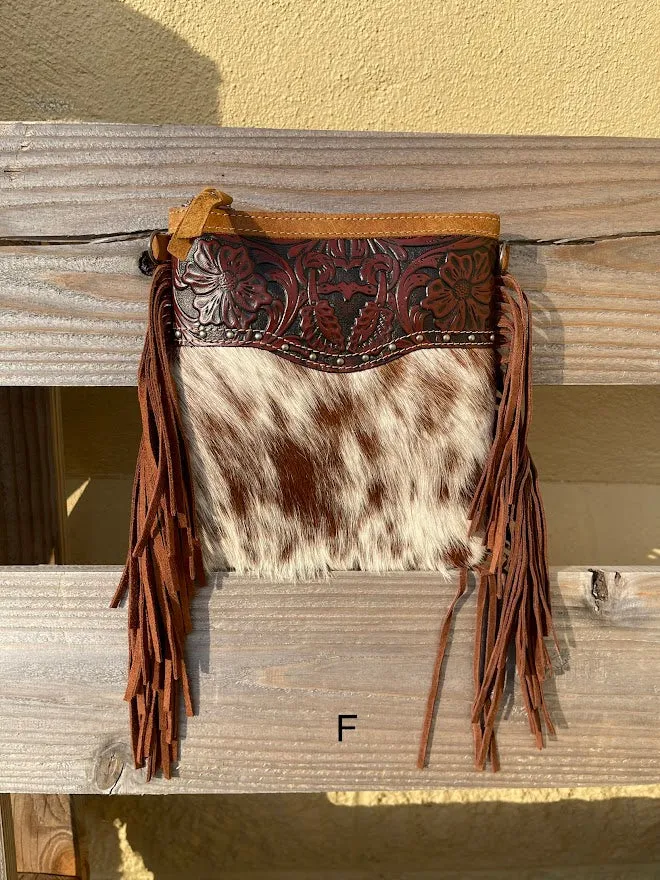 Top Notch Accessories 3016BR Betty Cowhide Crossbody Fringe Purse In Brown