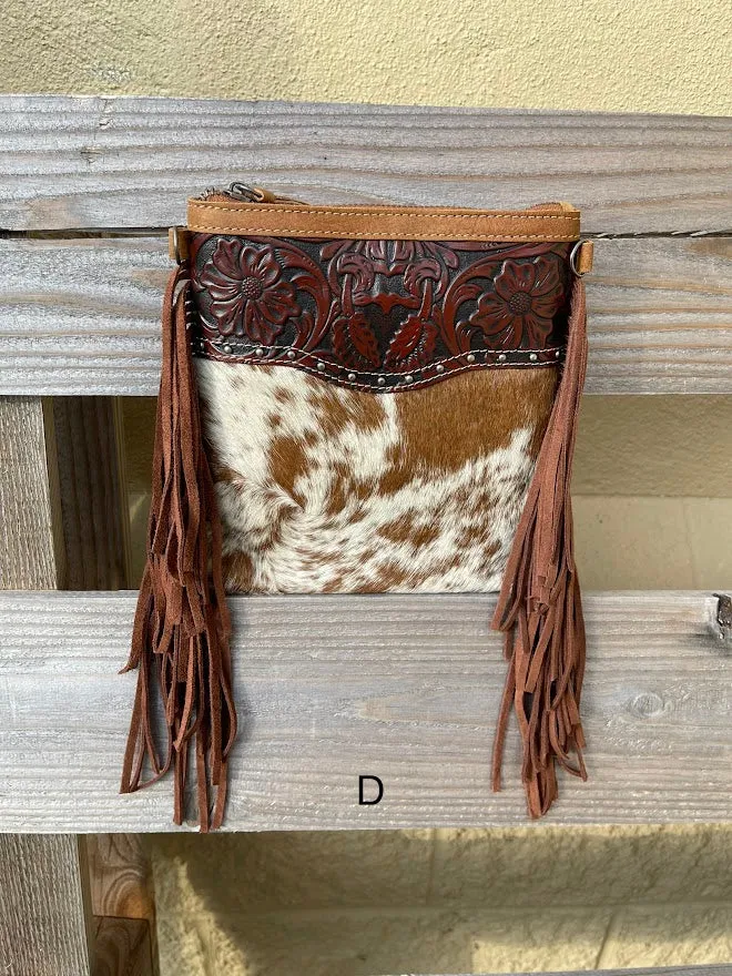 Top Notch Accessories 3016BR Betty Cowhide Crossbody Fringe Purse In Brown