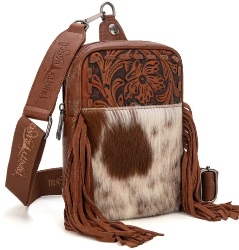 Trinity Ranch Genuine Hair-On Cowhide Tooled Fringe Sling Bag