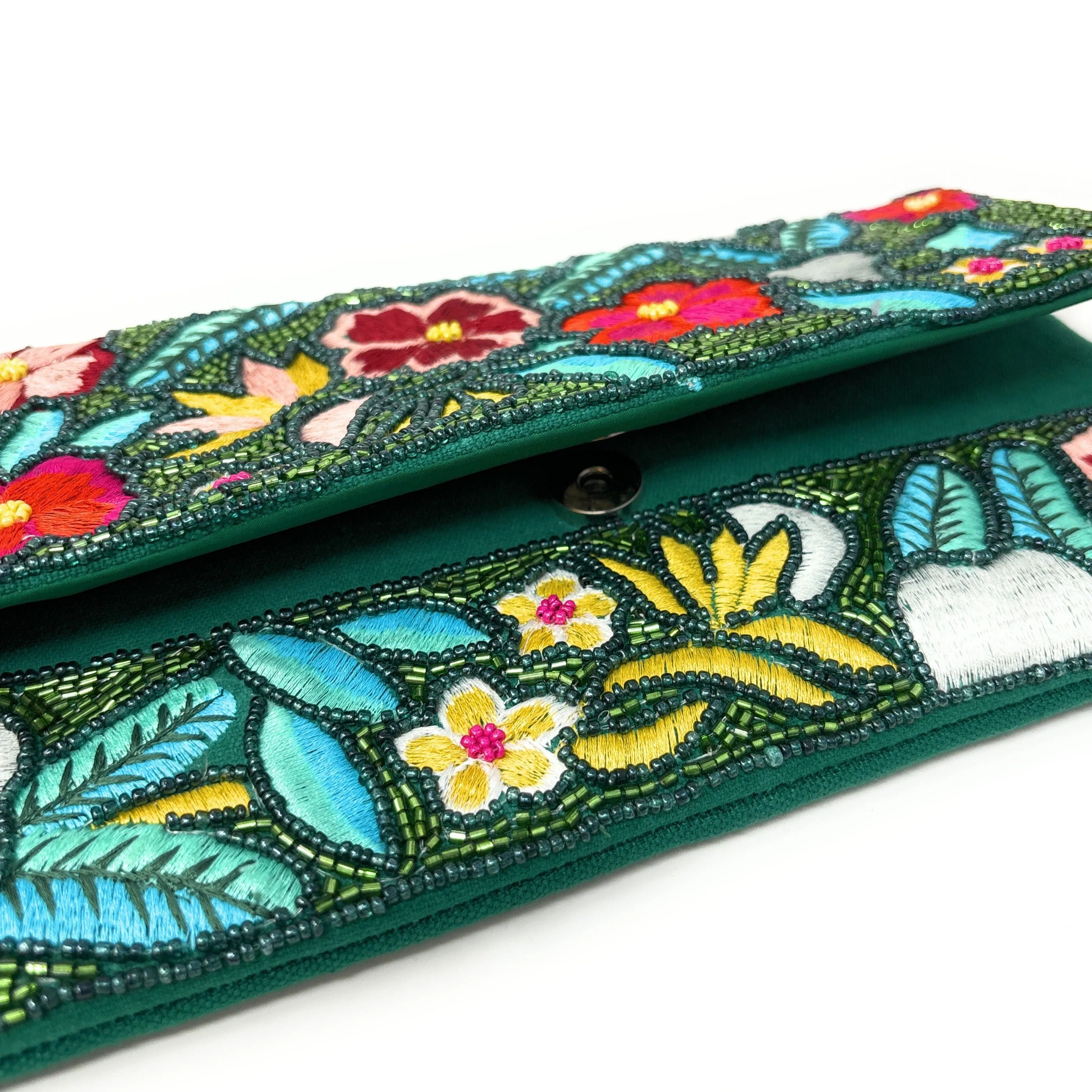 Tropical Floral Green Beaded Clutch Purse