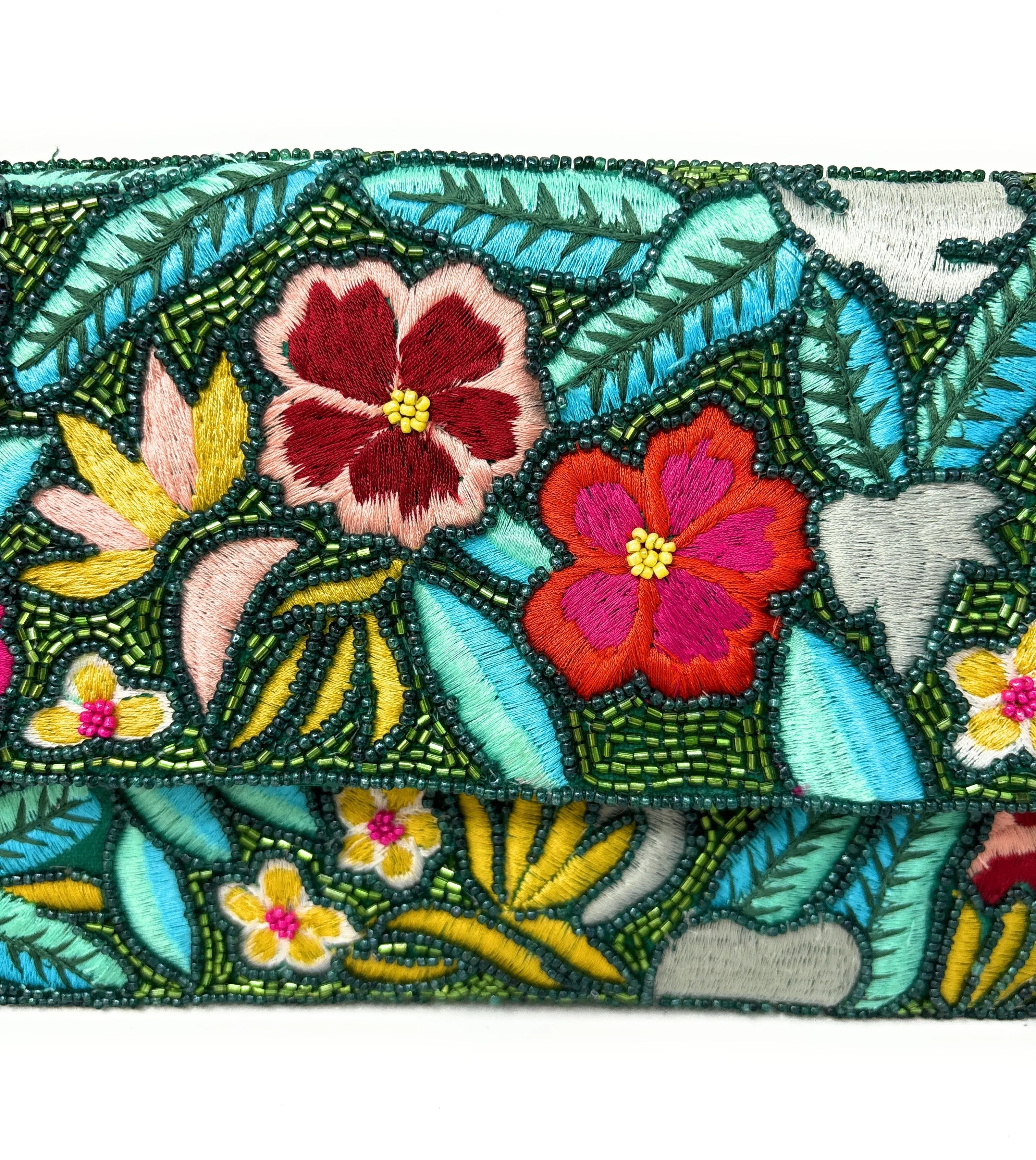 Tropical Floral Green Beaded Clutch Purse