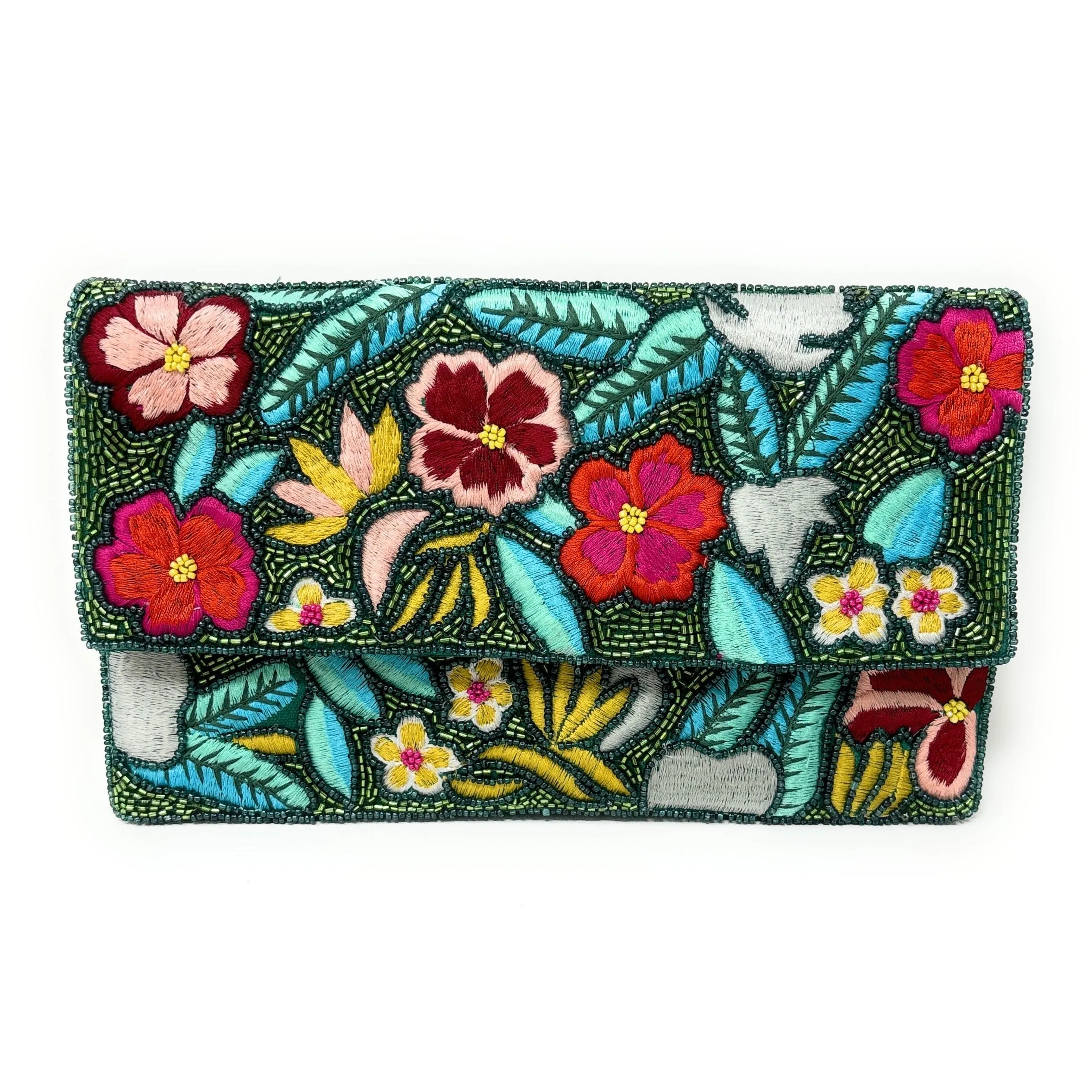 Tropical Floral Green Beaded Clutch Purse