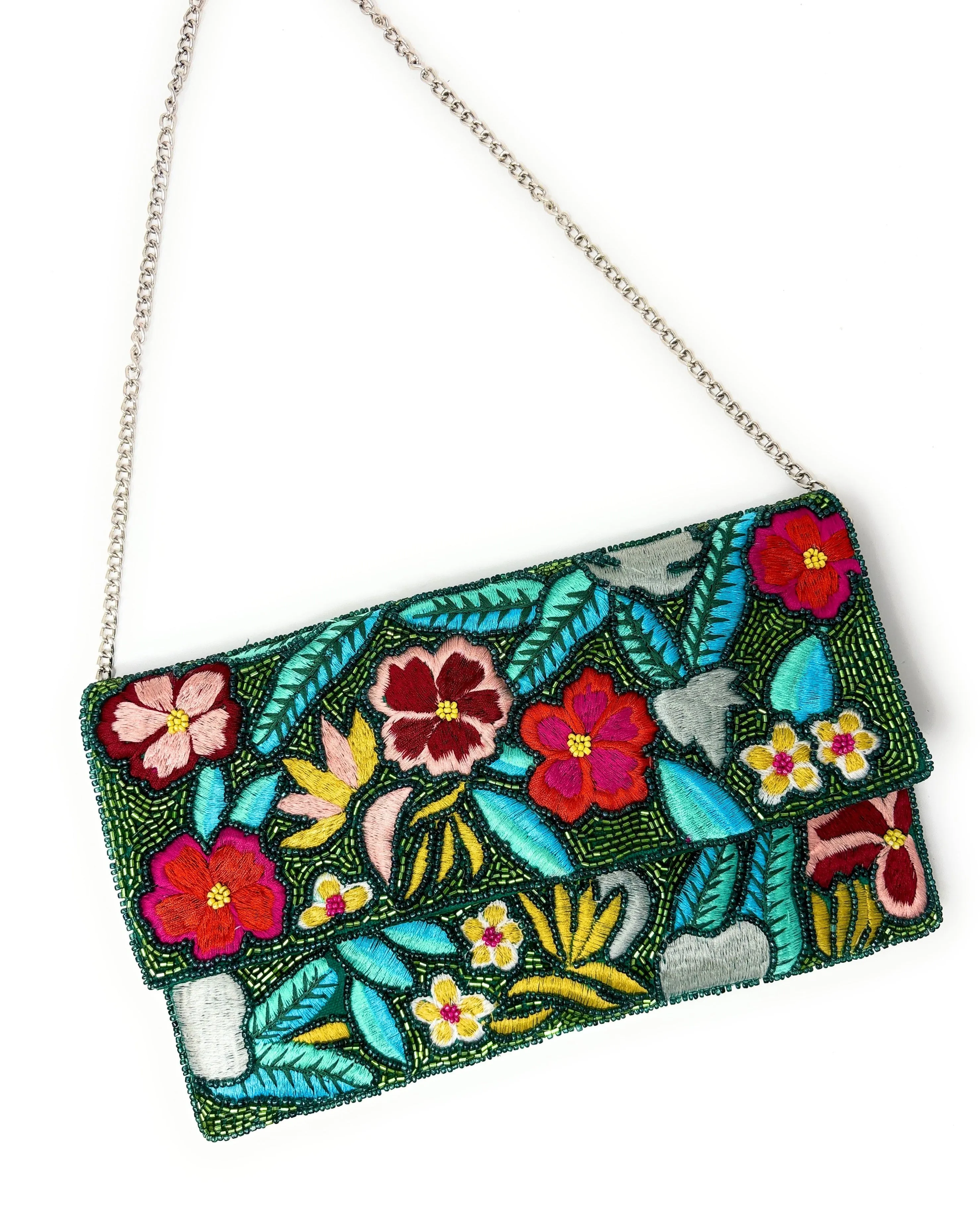 Tropical Floral Green Beaded Clutch Purse