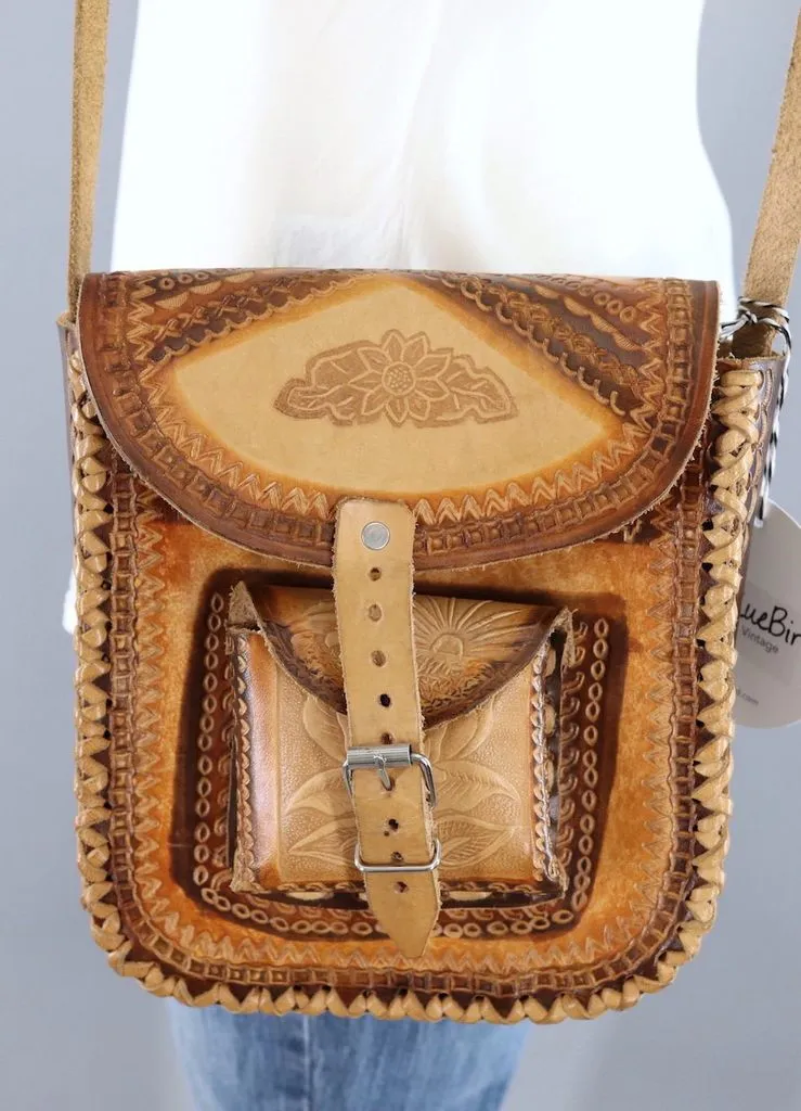 Vintage 1970s Leather Bag with Horses and Dolphins