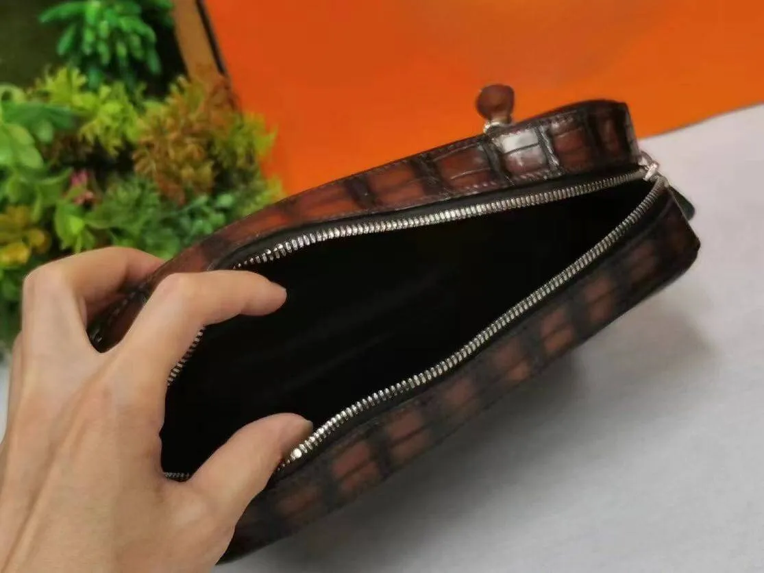 Vintage Brown Genuine Crocodile Skin Leather Clutch Cross Body Bag