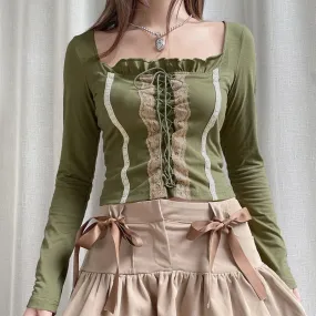 Vintage Green Lace Spliced Bodycon Women Tee Shirts Cute Y2K Outfits Tie Up Ruffles Fairycore Autumn T shirt Top Slim