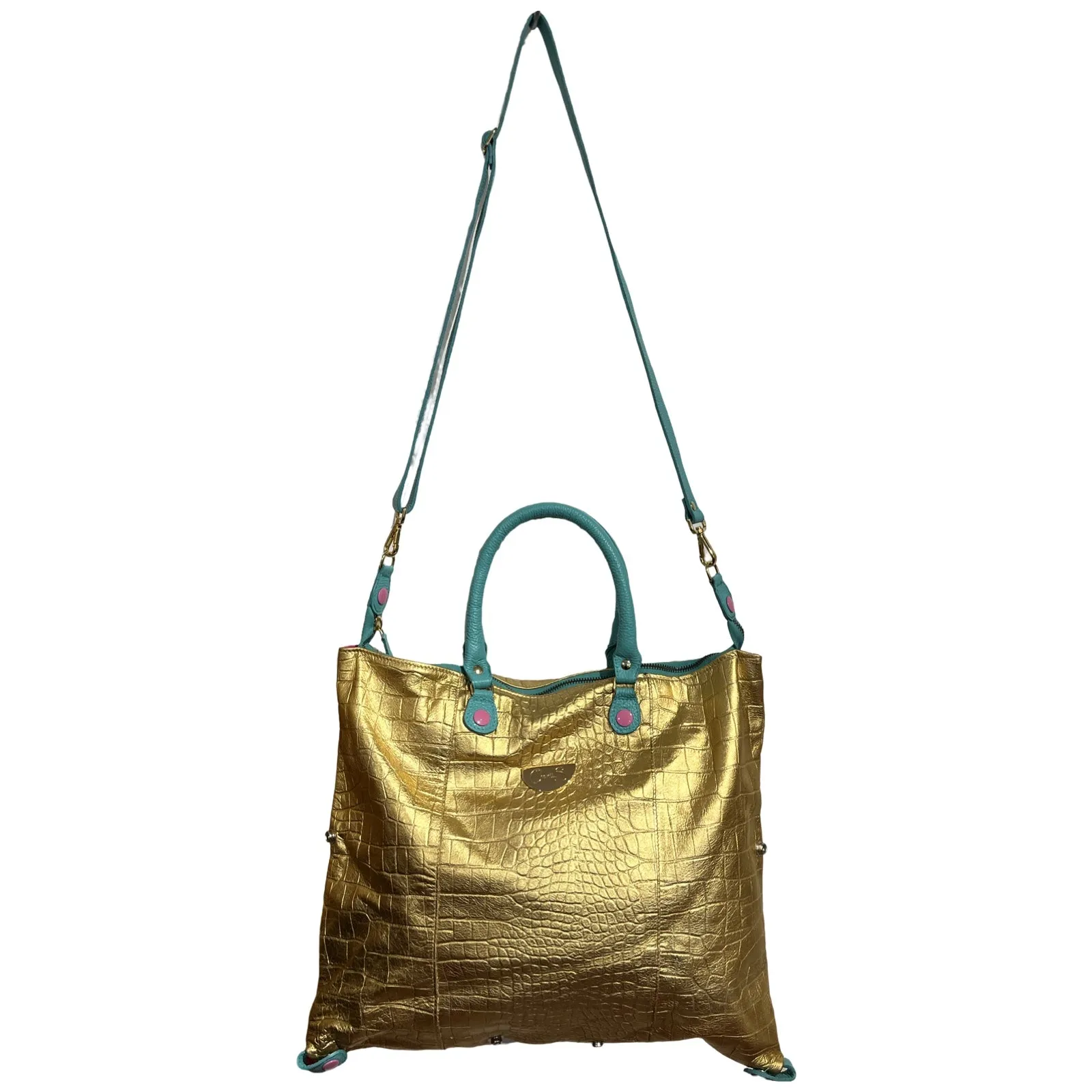 Vivienne-gold/turquoise leather multi handbag