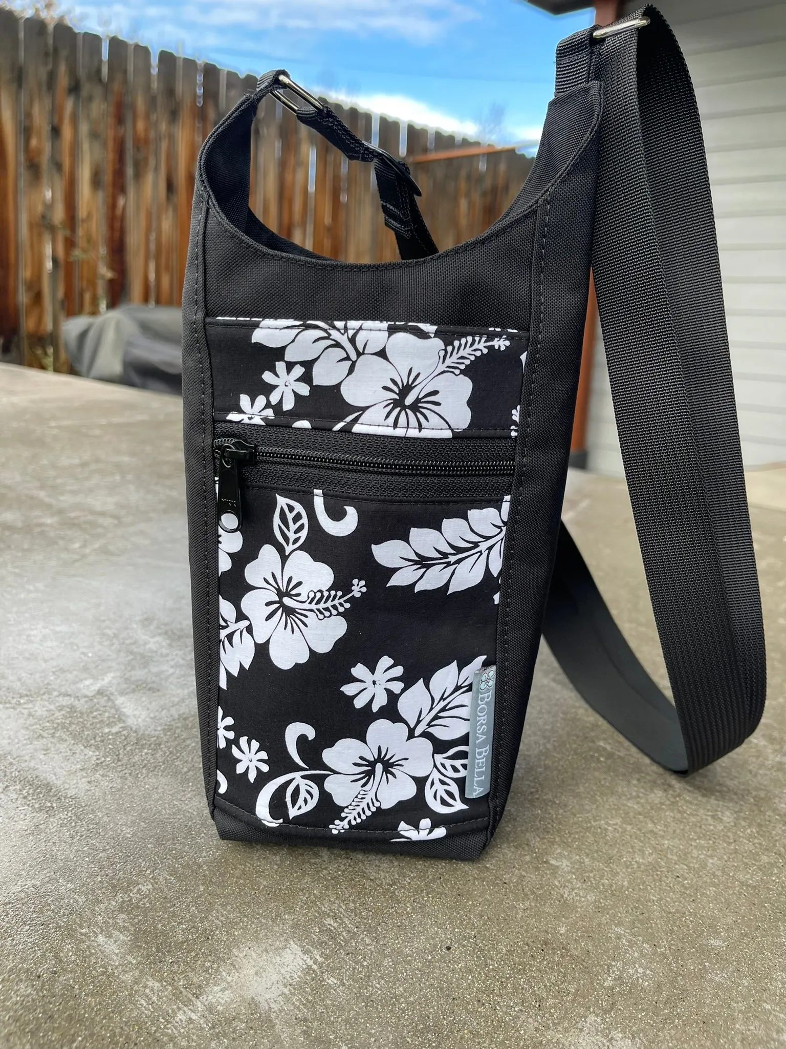 Water Bottle Crossbody Bag - Day Drinker - Hawiian Hibiscus Flower  Fabric Pocket