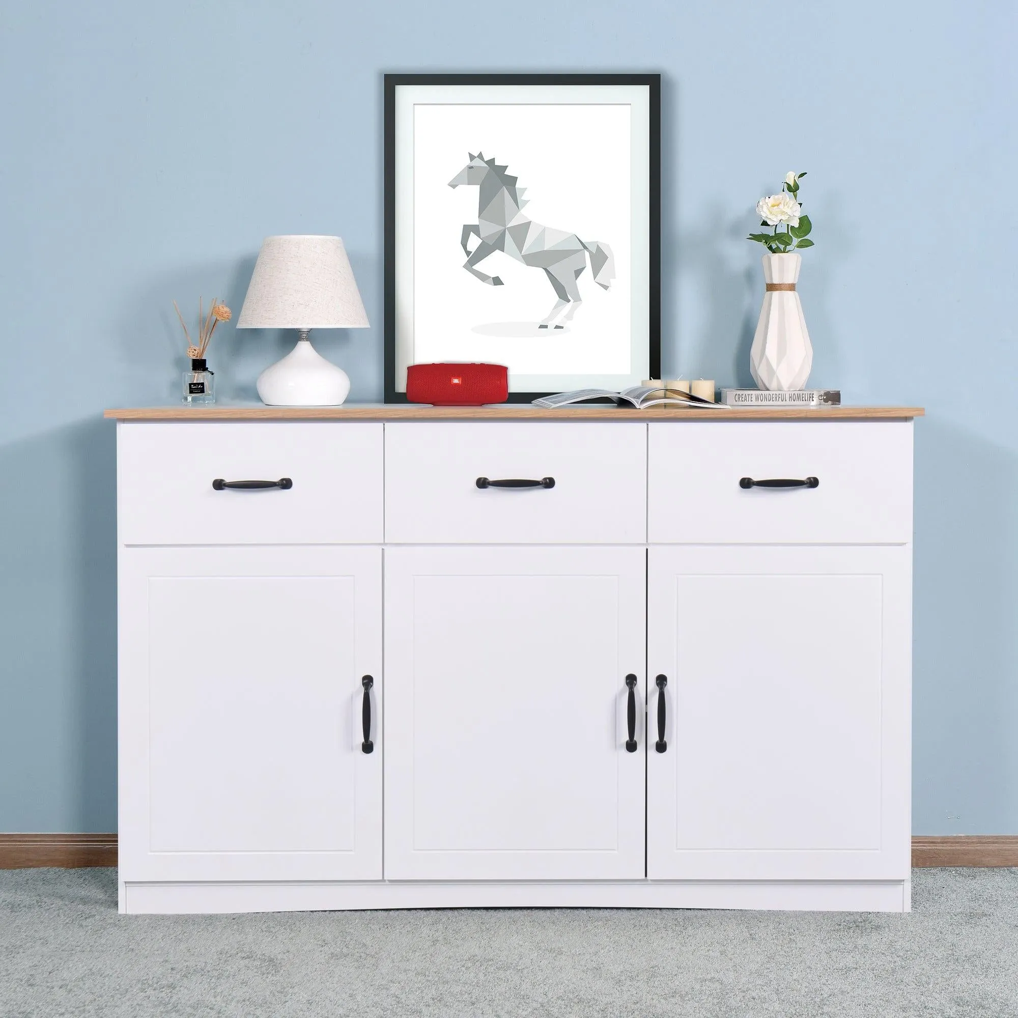 White Buffet Cabinet withStorage, Kitchen Sideboard with 3 Doors and 3 Drawers, Coffee Bar Cabinet,Storage Cabinet Console Table for Living Room