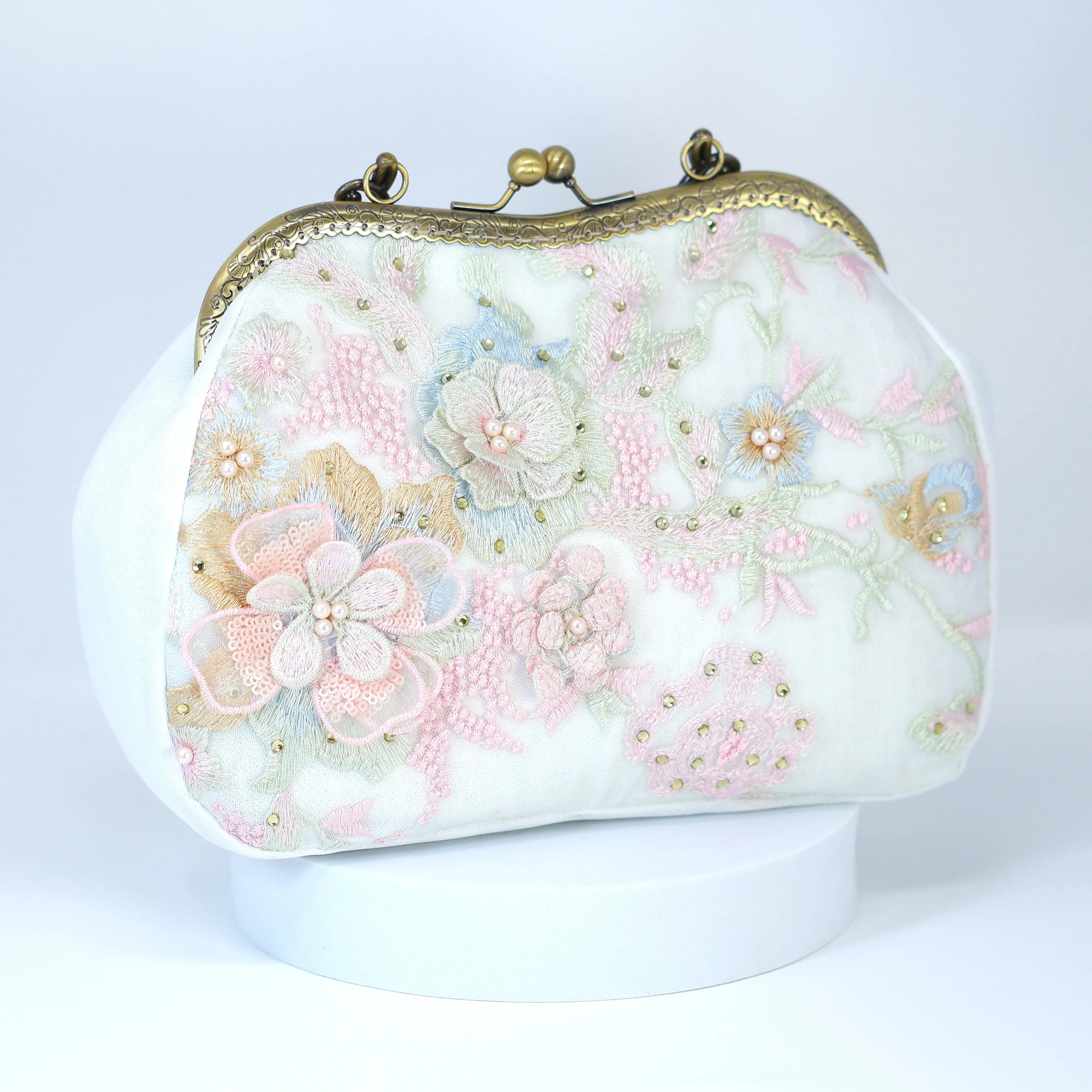 White Embroidered Lace Pink Blue Floral Garden Wedding Bag, Statement Bag, Evening Clutch, Bridal Clutch, White Cross Body Bag