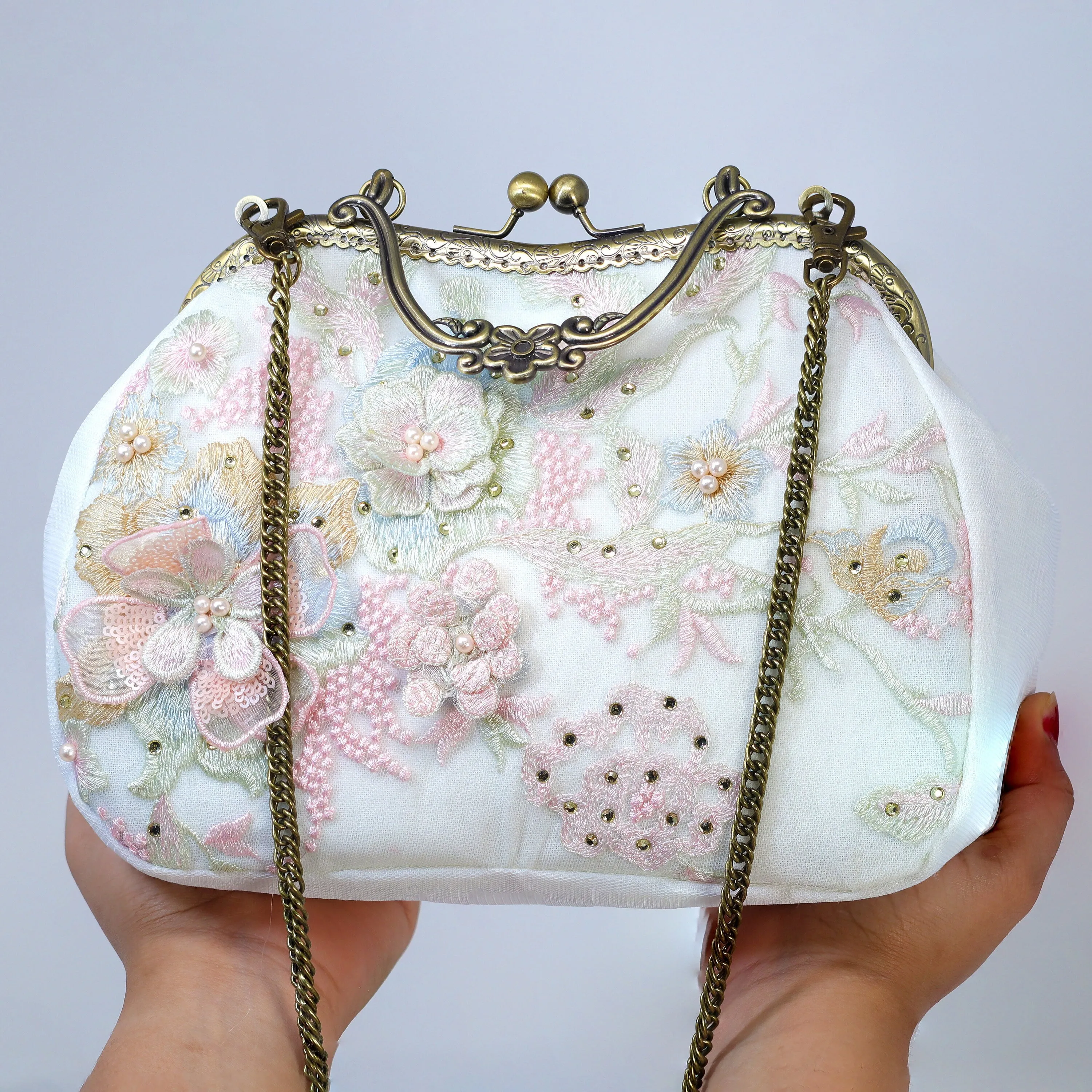 White Embroidered Lace Pink Blue Floral Garden Wedding Bag, Statement Bag, Evening Clutch, Bridal Clutch, White Cross Body Bag