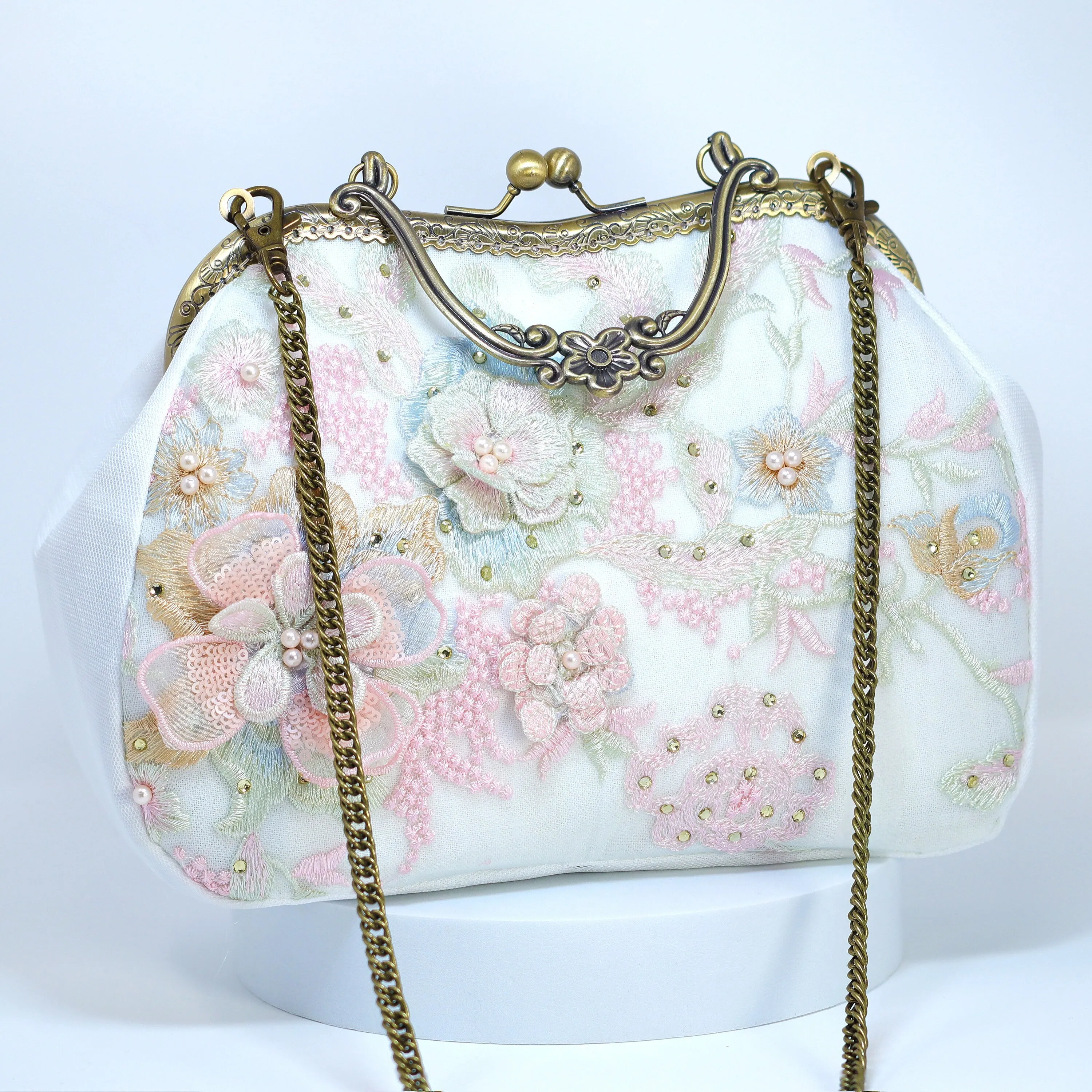 White Embroidered Lace Pink Blue Floral Garden Wedding Bag, Statement Bag, Evening Clutch, Bridal Clutch, White Cross Body Bag