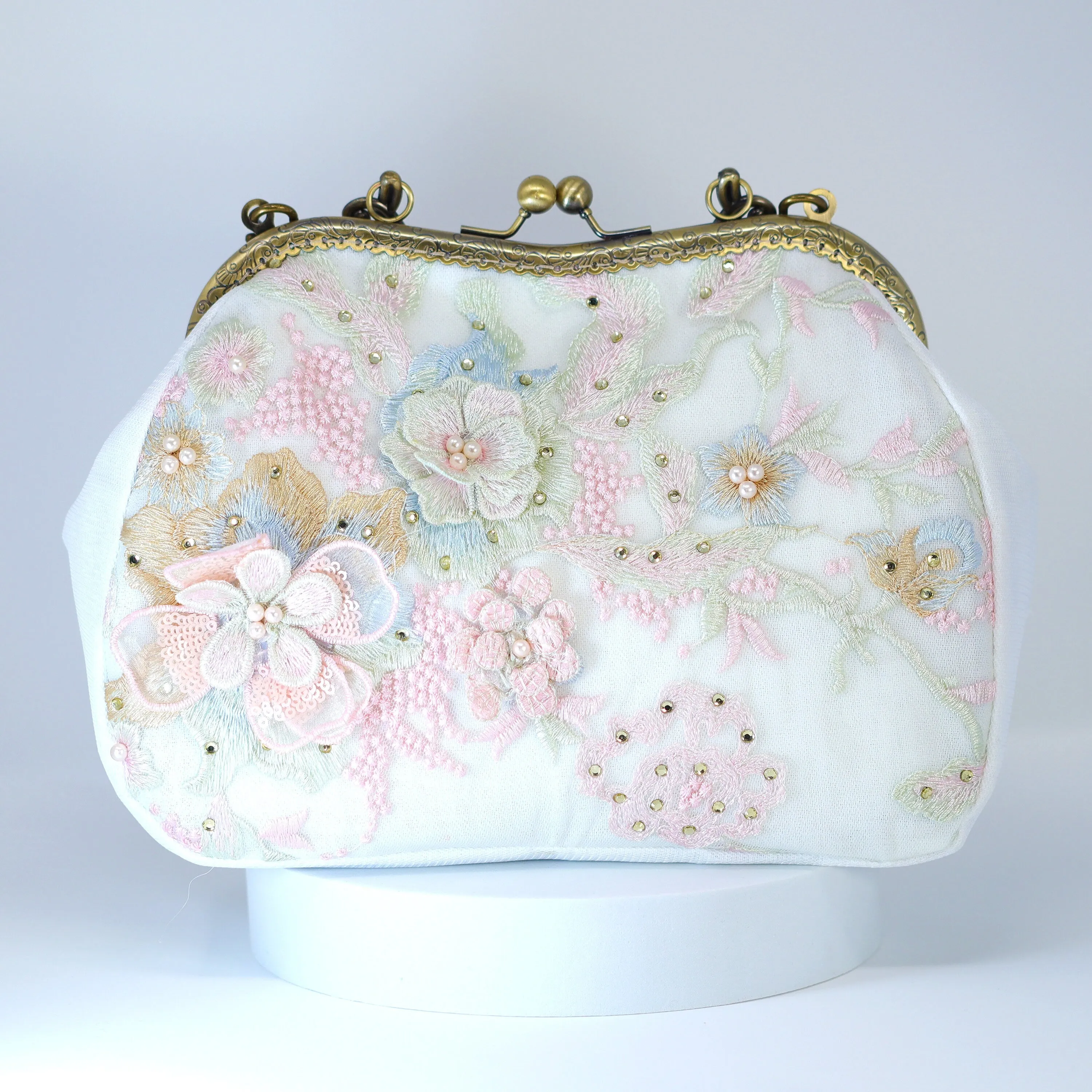 White Embroidered Lace Pink Blue Floral Garden Wedding Bag, Statement Bag, Evening Clutch, Bridal Clutch, White Cross Body Bag