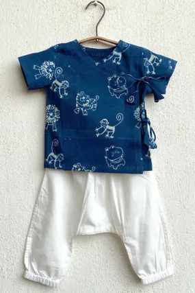 Whitewater Kids Unisex Organic Zoo Print Indigo Angrakha Top With White Pants