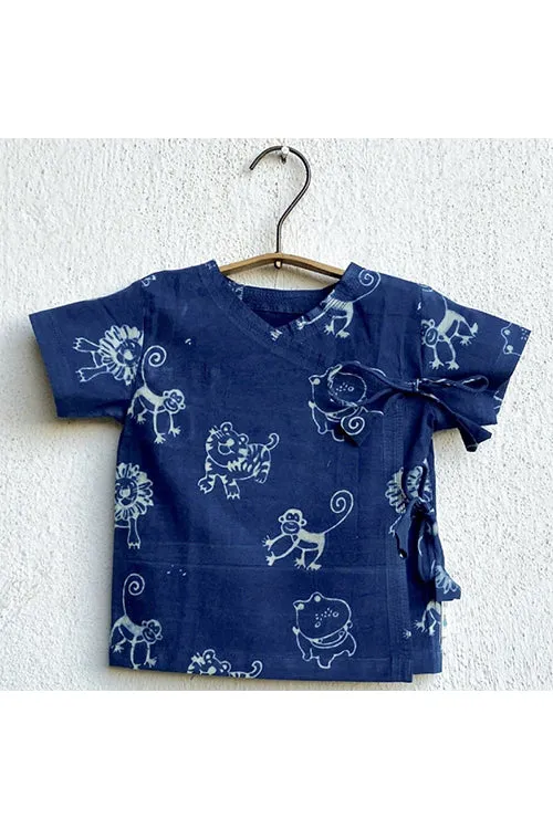 Whitewater Kids Unisex Organic Zoo Print Indigo Angrakha Top With White Pants