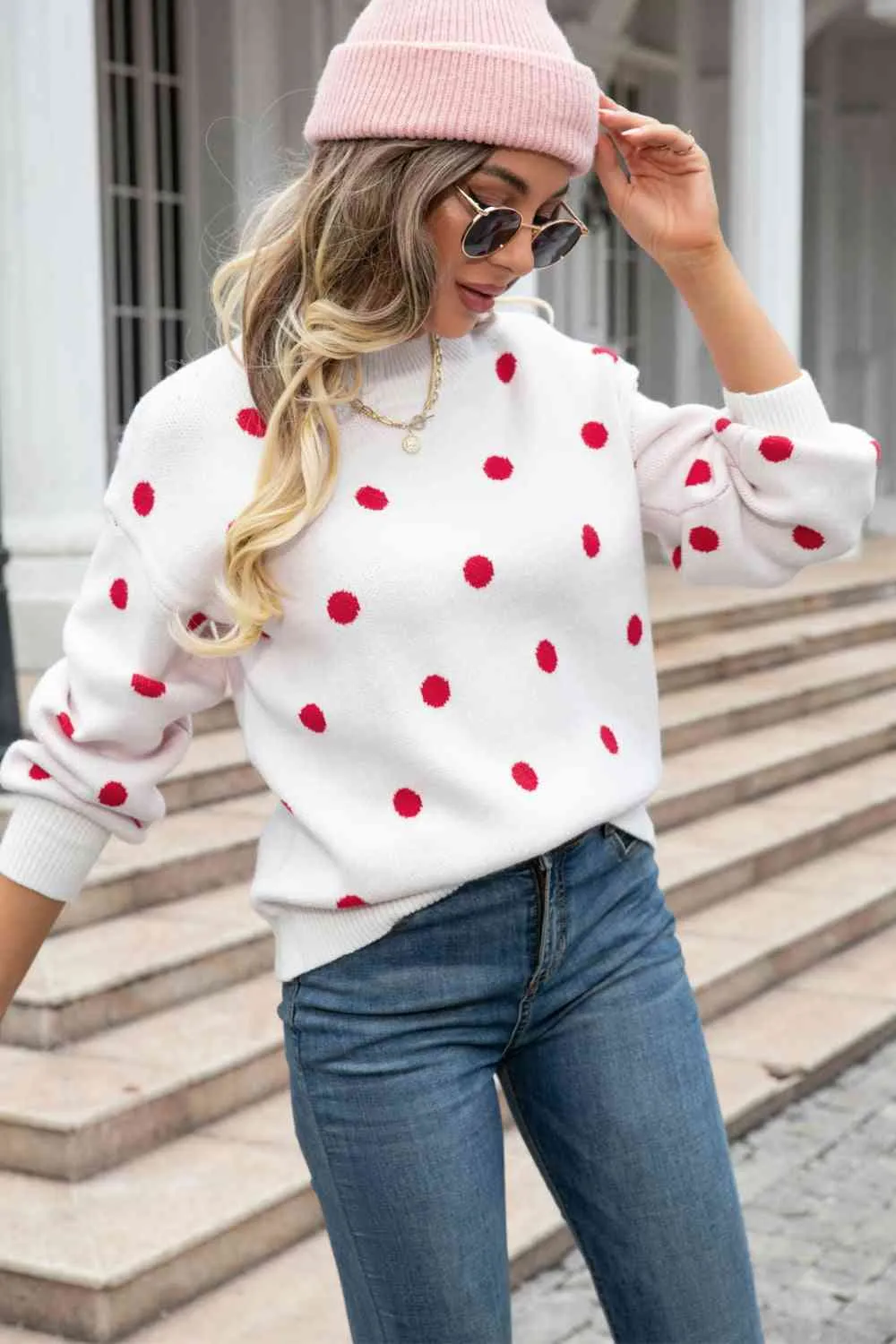 Woven Right Polka Dot Round Neck Dropped Shoulder Sweater